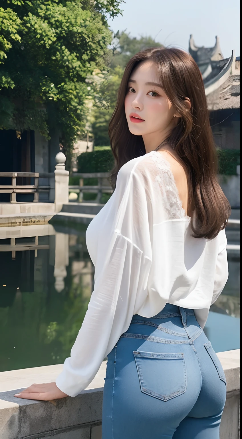 wear tight jeans,Tall guy,White lace T-shirt,Plump buttocks,Full breasts,Realistic faces,largeeyes,detail-rich,mano,skin textures, Whiten skin,cabelos preto e longos,The back is charming,Wearing a black mask,In Wuzhen