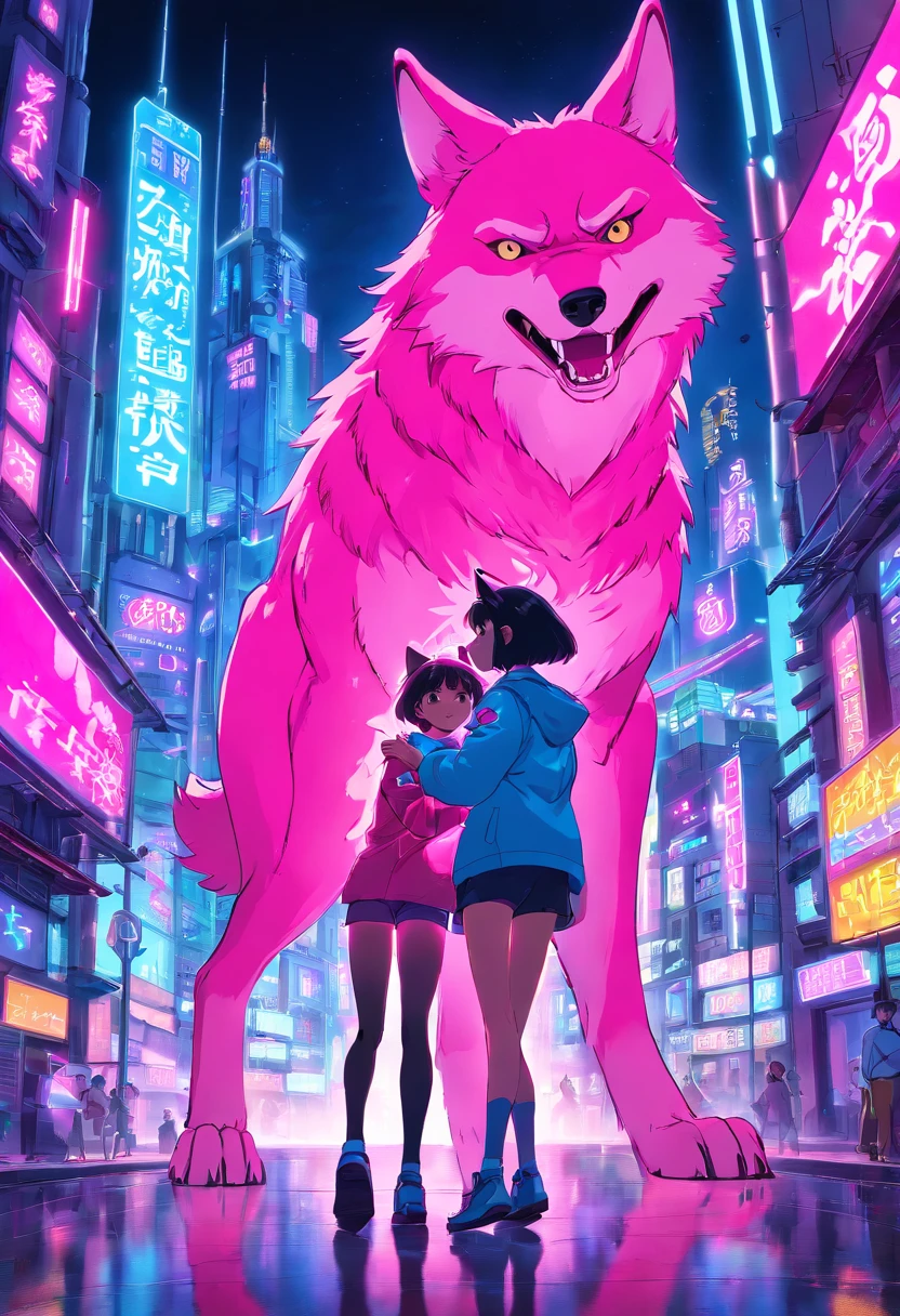 Two humanoid wolves fighting in a futuristic city filled with pink and blue neon lights