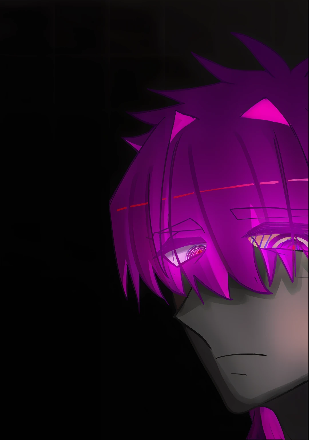 Anime man with purple hair and tattoos standing in front of black background, gapmoe yandere grimdark, portrait gapmoe yandere grimdark, Gapmoe Yandere, digital art from danganronpa, With glowing eyes, portrait demon half human, with glowing purple eyes, human male demon, by Shingei, unknown artstyle, cyberpunk shading
