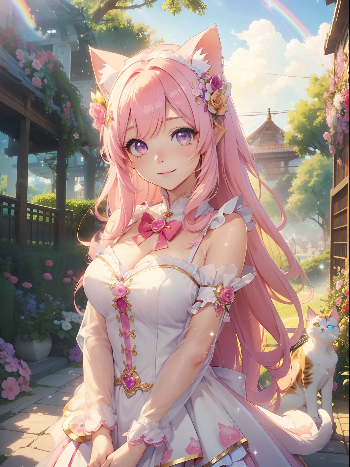 masutepiece, High resolution, 8K, anime woman, Delicate and detailed writing 、Detailed digital illustration、Very long hair and shiny、Bangs、a very beautiful woman、Eyes are double, Large, Bust is D cup、High image quality, High quality、Detailed background、(((Wearing idol clothes)))、((Colorful flower garden、Very beautiful background of clouds and rainbow in the sky))、(The inside of the eye shines like a diamond、Light pink hair、Gradient pupil、(((2 arms、4 fingers, 1 thumb)))、Detailed female face、Very beautiful and cute woman、、细致背景、masterpiece、Soft Focus , Bright gradient watercolor , Lens Flare , (((Glitter))) , Glow , Dreamy ,Idol、Pink ribbon、Very beautiful red rose hair accessories、Pink and gold outfit、White is the main costume、((Full smile))、((Macro for the eyes))、(((Cat's ears、Cat costume)))、((Cross your arms behind your back)))