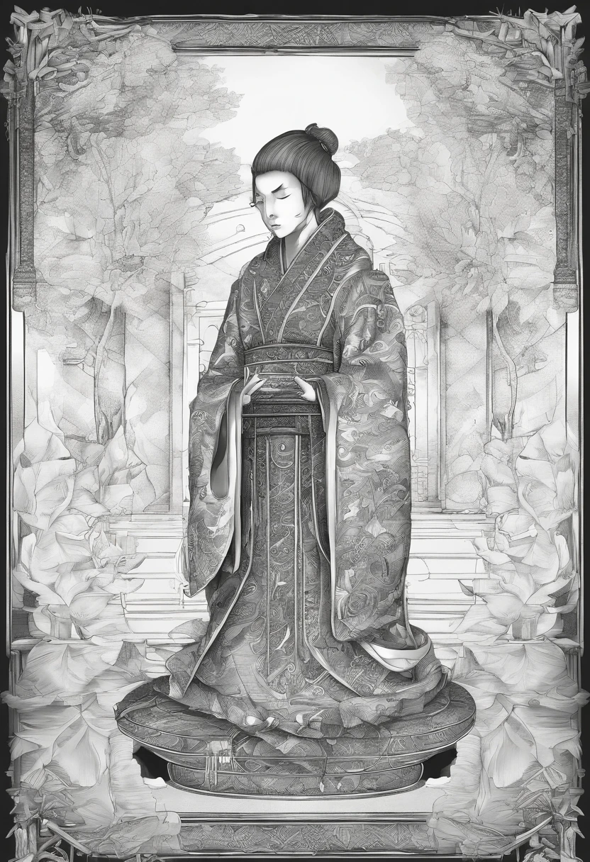 golden autumn，A high monk，Wearing a long gray monk's robe，Meditate in the temple lobby，Tall ginkgo tree outside the lobby，Golden leaves all over the ground，The incense burner outside the lobby smoked，k hd，8K,hentail realism，Faraway view，Flat viewing angle，Sony SLR，Lots of white space