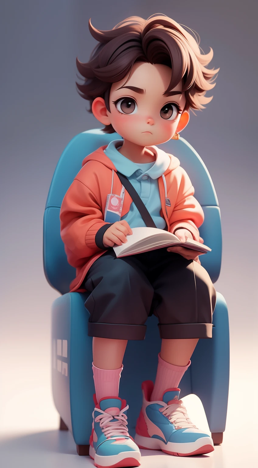a Super cute boy，Student head，brown  hair，full bodyesbian，Sit at your desk and read a book，校服，Popmart blind box，IP design，Clean bright background 3D rendering，oc rendered，8K，soft focus，Fine glossy super detail --ar 3：6 50 --q 2 --niji 5 --Style expression --s 2