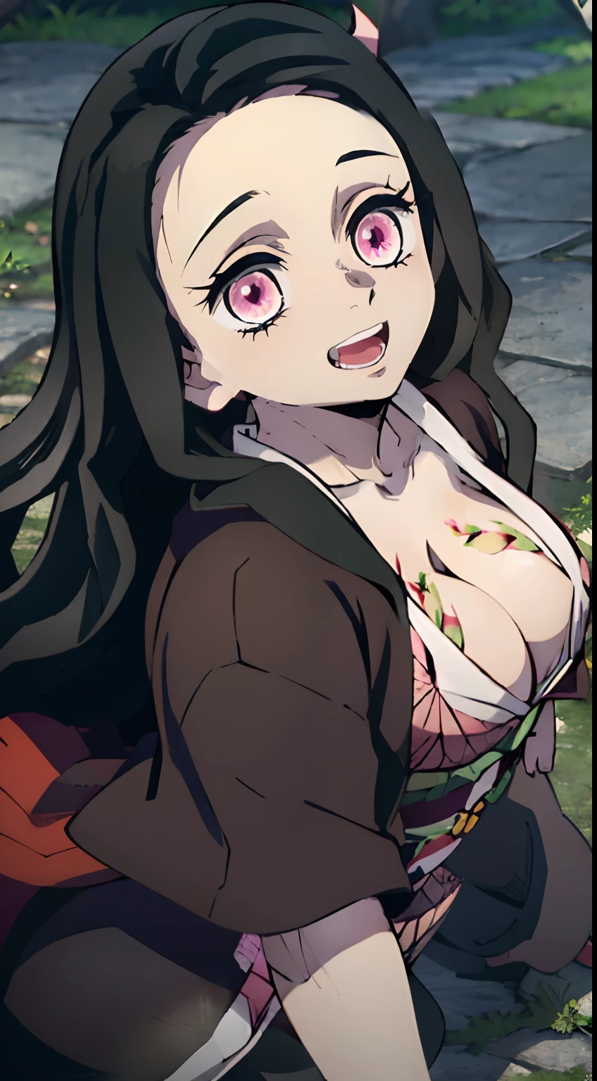 ultra sharp image, Beautiful figure, lying on the grass, Ultra Transparent, cuteface, Nezuko Kamado from Demon Slayer, ultra sharp image, Ultra Beautiful, beautiful breasts. black hair, Transition to red, Japanese bath, Beautiful figure, taut clothes, black cape on pink kimano, big breastes, Smiling, green colored eyes, handsome body, sexy clothes, Beautiful eyes, very detailed eyes, Very detailed face, handsome body, Cherecter Desing, Sex position, Very detailed, Detailed body, Detailed hands, Detailed, Vibrants, Detailed Face, sharp-focus, WLOP, artgerm, anime art, Vibrants, Detailed Face, Hugh Details, sharp-focus, Very drooping face, A detailed eye, super fine illustration, better shadow, finely detail, Beautiful Detail