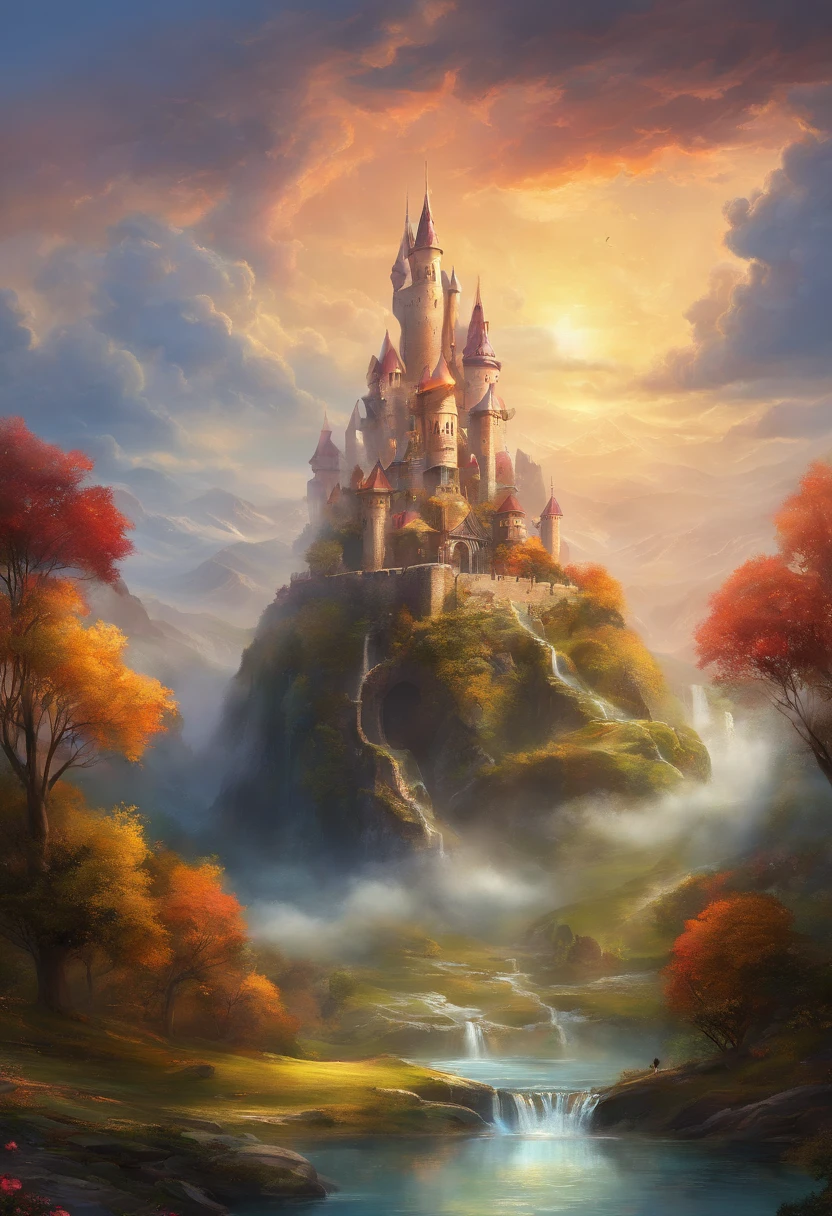 Un castillo en las nubes y un sol majestuoso, con aves y una cascada en las nubes (Fondo de pantalla 8k de la unidad CG extremadamente detallada), The most beautiful works of art in the world, Majestic Oil Painting Professional, intrincado, High detail, foco nítido, Dramatic and photorealistic painting art