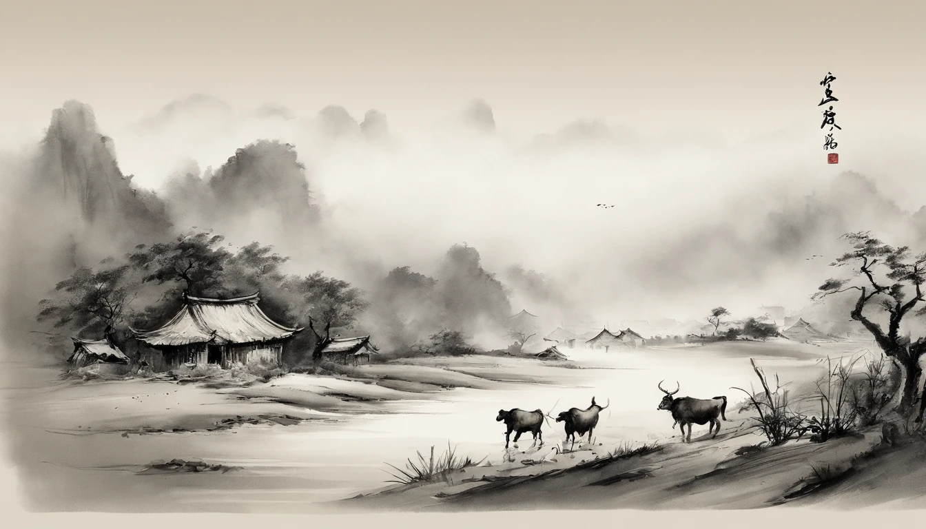 A group of poor farmers,Walking in rags in the desolate field, ren xun and maruyama ōkyo, author:Cui Bai, author:Gu An, author:Lee Young-jin, author:Xu Beihong, author:Ji Yunfei, author:Chen Daofu, author:Dong Qichang, author:Gaige, author:Li Di, author:Guan Daosheng,Black and white ink painting,Black and white gray,(Chinese landscape painting),(ink and watercolor painting),(8k wallpaper),Extremely detailed picture depiction,wide angles,depth of fields,tmasterpiece,realisticlying,Beautifully depicted,A detailed,acurate,Works of masters,tmasterpiece