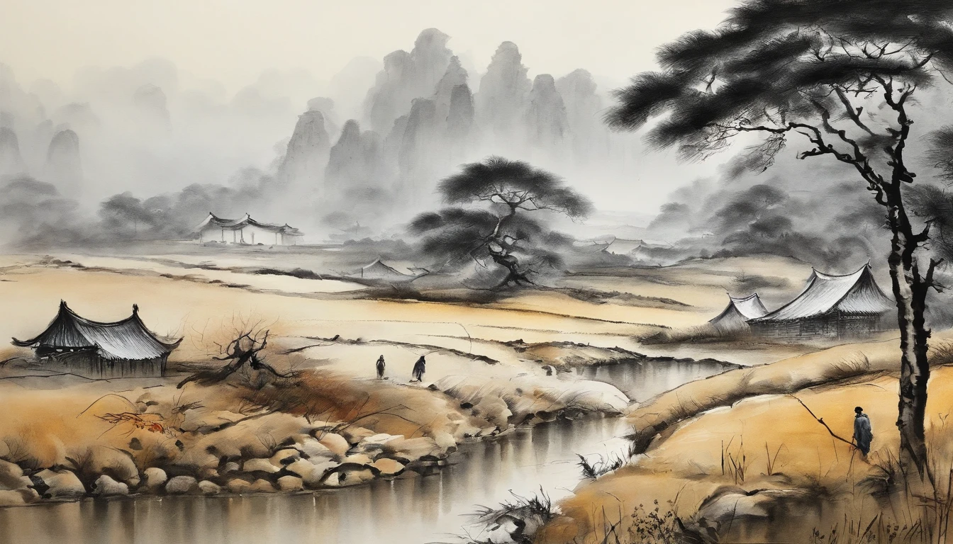 A group of poor farmers,Walking in rags in the desolate field, ren xun and maruyama ōkyo, author:Cui Bai, author:Gu An, author:Lee Young-jin, author:Xu Beihong, author:Ji Yunfei, author:Chen Daofu, author:Dong Qichang, author:Gaige, author:Li Di, author:Guan Daosheng,Black and white ink painting,Black and white gray,(Chinese landscape painting),(ink and watercolor painting),(8k wallpaper),Extremely detailed picture depiction,wide angles,depth of fields,tmasterpiece,realisticlying,Beautifully depicted,A detailed,acurate,Works of masters,tmasterpiece