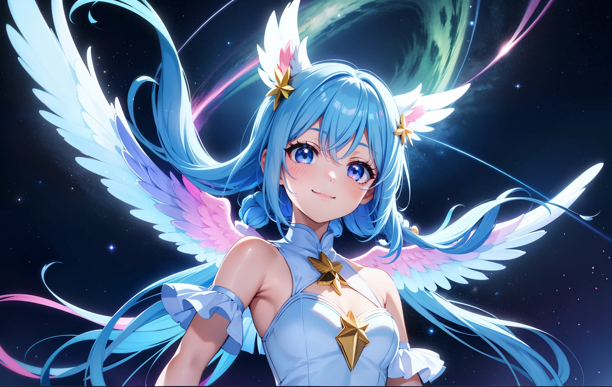 Super Idol Little girl A charming smile sky blue hair length hair Twin-tailed Glittery bright pink and white and blue and yellow leotards facing front Looking at the camera Angel large wings on the back 7 colors Mystical Fantasia constellation a moon Crystal Brilliance Aurora Borealis in the Night Sky