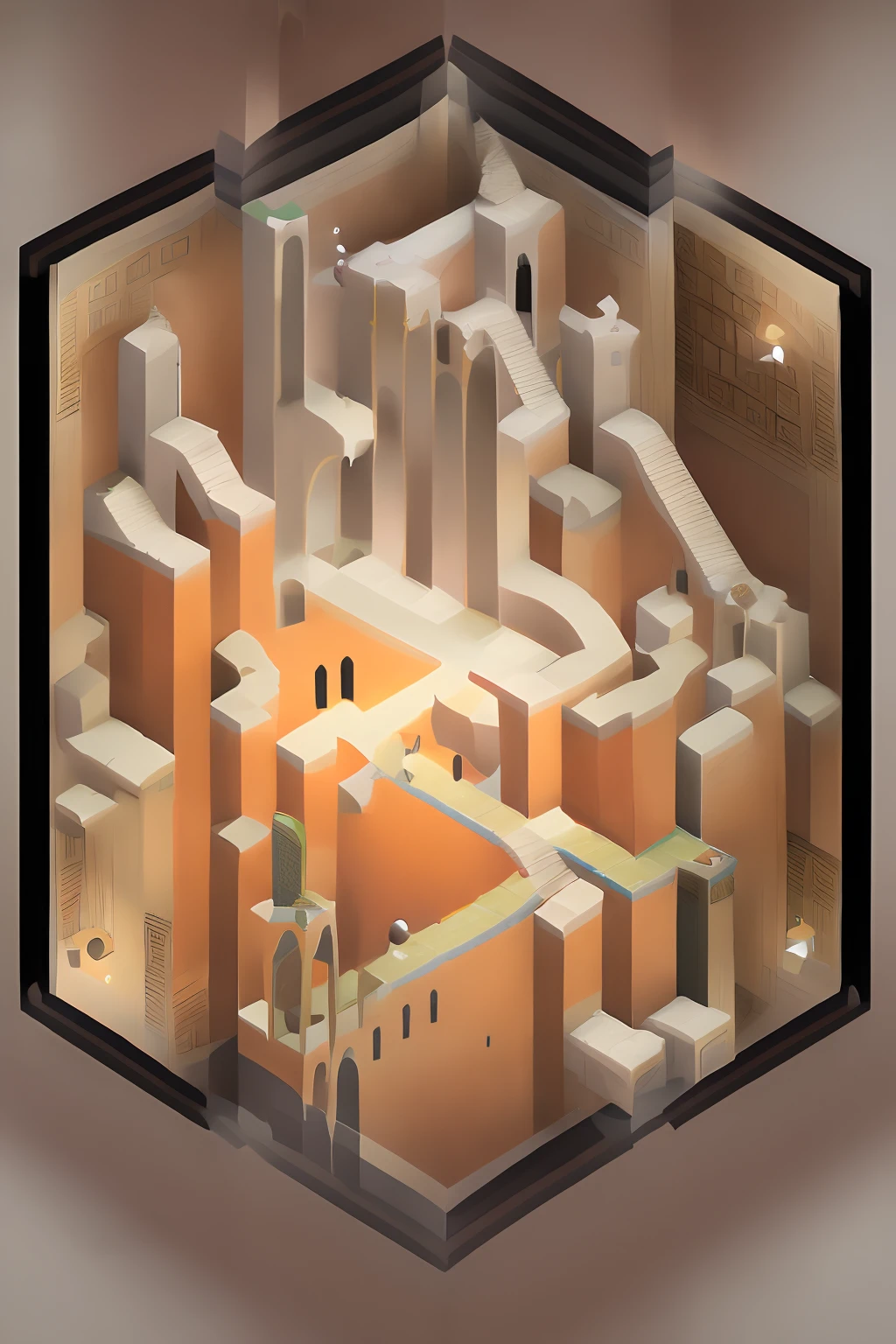 (author：Phil Noto, by Pixar, author：Corey Loftis, author：Ed Mayer, author：Drew Struzan, author：Alberto Morroco),
tmasterpiece，monument valley，geomerty，Paradox geometry,tile,Brown tiles,Building,Dome,Onion dome,Brown onion dome,
water,stairways,Buttress,arch bridges,Light brown background,Door, Brown walls
Clear focus, (hdr), (8K), (gigapixel), ((Masterpiece))