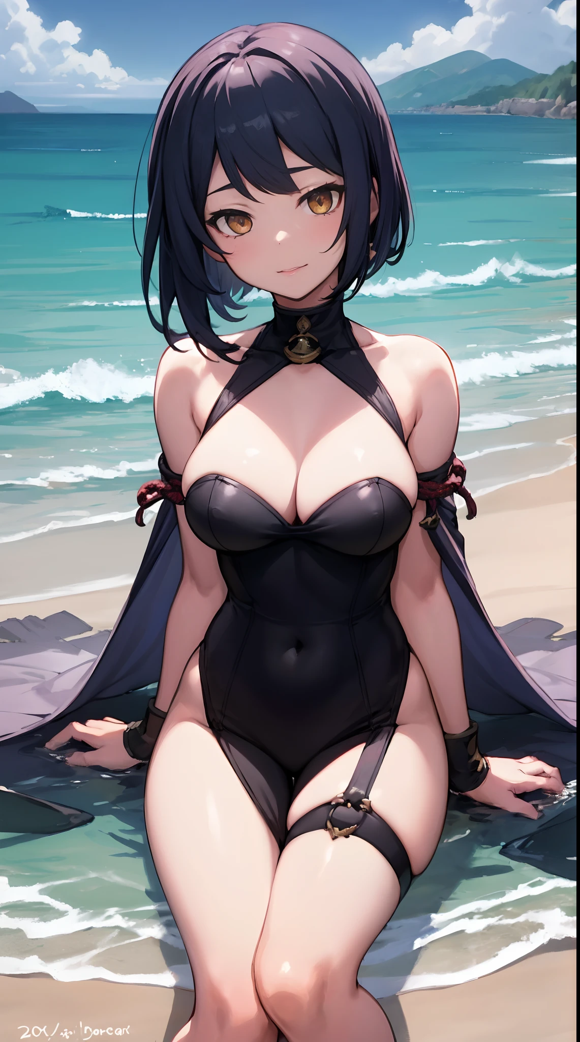 Kujou Sara| genshin impact, master-piece, bestquality, 1girls,25 years old, proportional body, proportional., Water set, , ,bara, Beautiful sea, The sky is beautiful, View viewers from the front.,Sitting on the beach, Thigh strap, Head tilt, bored, 10, 10, HD, slight smile,