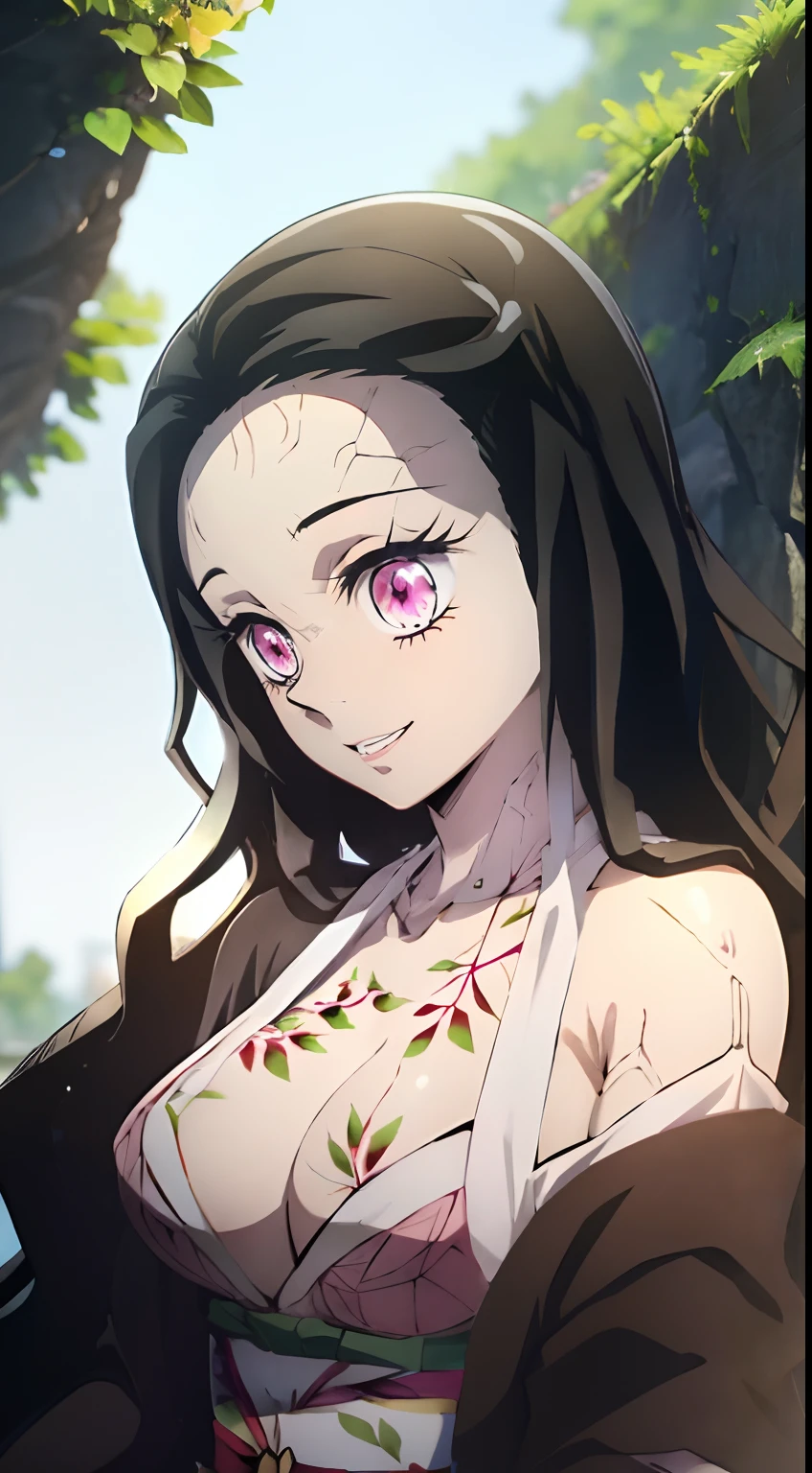 ultra sharp image, Beautiful figure, lying on the grass, Ultra Transparent, cuteface, Nezuko Kamado from Demon Slayer, ultra sharp image, Ultra Beautiful, beautiful breasts. black hair, Transition to red, Japanese bath, Beautiful figure, taut clothes, black cape on pink kimano, big breastes, Smiling, green colored eyes, handsome body, sexy clothes, Beautiful eyes, very detailed eyes, Very detailed face, handsome body, Cherecter Desing, Sex position, Very detailed, Detailed body, Detailed hands, Detailed, Vibrants, Detailed Face, sharp-focus, WLOP, artgerm, anime art, Vibrants, Detailed Face, Hugh Details, sharp-focus, Very drooping face, A detailed eye, super fine illustration, better shadow, finely detail, Beautiful detail