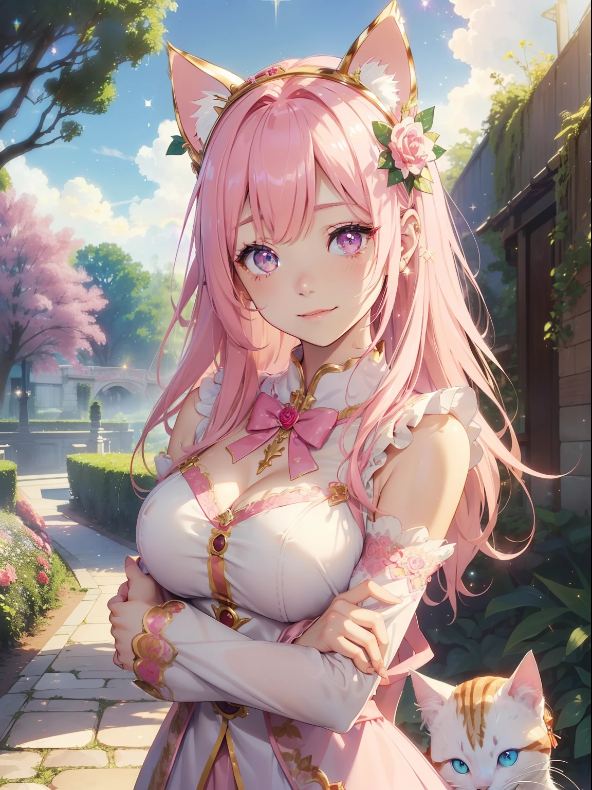 masutepiece, High resolution, 8K, anime woman, Delicate and detailed writing 、Detailed digital illustration、Very long hair and shiny、Bangs、a very beautiful woman、Eyes are double, Large, Bust is D cup、High image quality, High quality、Detailed background、(((Wearing idol clothes)))、((Colorful flower garden、Very beautiful background of clouds and rainbow in the sky))、(The inside of the eye shines like a diamond、Light pink hair、Gradient pupil、(((2 arms、4 fingers, 1 thumb)))、Detailed female face、Very beautiful and cute woman、、细致背景、​masterpiece、Soft Focus , Bright gradient watercolor , Lens Flare , (((Glitter))) , Glow , Dreamy ,Idol、Pink ribbon、Very beautiful red rose hair accessories、Pink and gold outfit、White is the main costume、((Full smile))、((Macro for the eyes))、(((Cat's ears、Cat costume)))、((Cross your arms behind your back)))