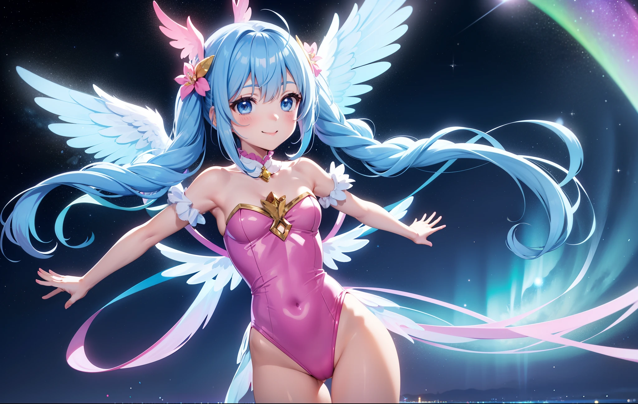 Super Idol A charming smile sky blue hair length hair Twin-tailed Glittery bright pink and white and blue and yellow leotards facing front Looking at the camera Angel large wings on the back 7 colors Mystical Fantasia constellation a moon Crystal Brilliance Aurora Borealis in the Night Sky