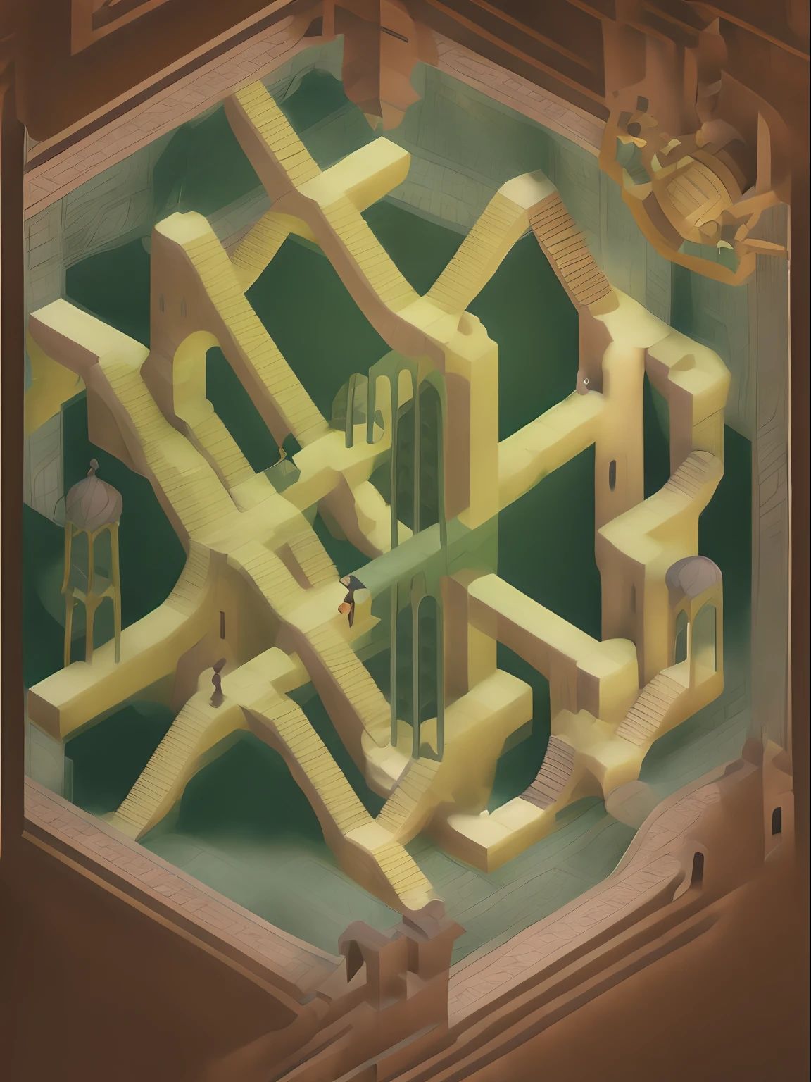 (author:Phil Noto, by Pixar, author:Corey Loftis, author:Ed Mayer, author:Drew Struzan, author:Alberto Morroco), tmasterpiece,monument valley,geomerty,Paradox geometry,tile,Brown tiles,Building,Dome,Onion dome,Brown onion dome,water,stairways,Buttress,arch bridges,Light brown background,Door, Brown walls,Scary green forest background,
extremely detaile,Clear focus, (hdr), (8K), (gigapixel), ((Masterpiece))