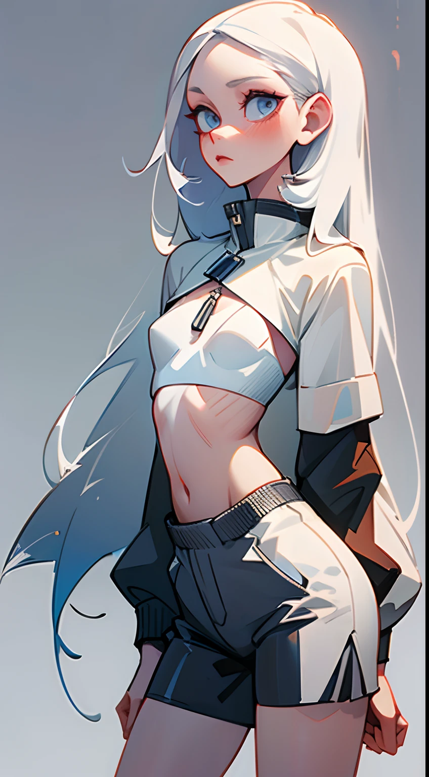 1girl, shenhe \(genshin impact\), long hair, silver hair, medium breasts, hair over one eye,,1girl,team rocket,team rocket uniform,white skirt,crop top,black thigh-highs,black elbow gloves,