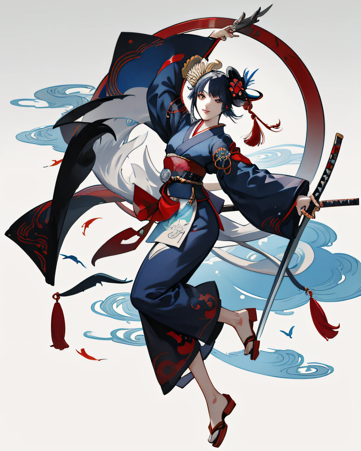 Anime characters with swords and birds on the reels, Onmyoji detailed art, onmyoji, full-body wuxia, kunoichi, Wuxia, by Yang J, Akali, she is holding a long staff, onmyoji portrait, author：Shitao, she is holding a sword, traditional japanese concept art