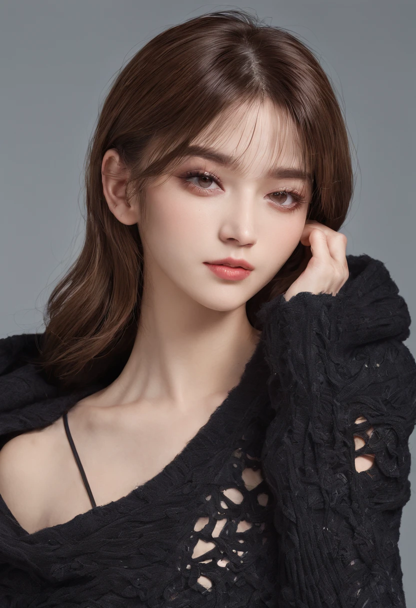 Best quality, illustration, Ultra-detailed, finedetail, A high resolution, 8K wallpaper, Perfect dynamic composition, Beautiful detailed eyes, Long-sleeved knit,Shoulder extension,bob hair, small boobs, Natural color lips, Random and sexy pose,Smile,20 years girl,Riman,kawa,Emphasis on the chest