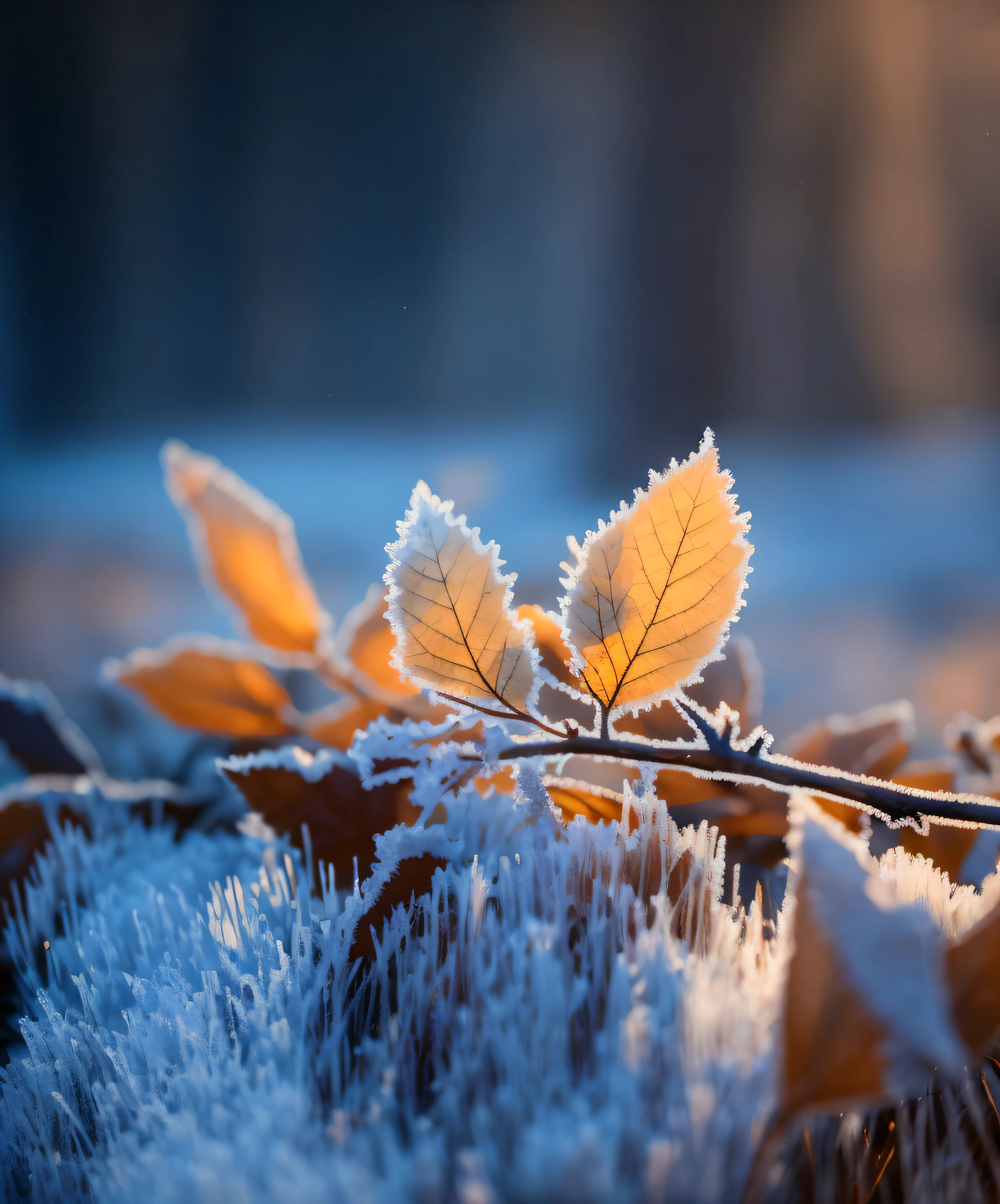 There is a small leaf on the ground, Frost, Glowing Leaves, Cold but beautiful, Matte, orange and brown leaves for hair, translucent leaves, Cold winter, soft light of winter, winter setting, leaves and magic, icy, winter vibes, inspired by Arthur Burdett Frost, Today\'s featured photograph 4k, Beautiful image