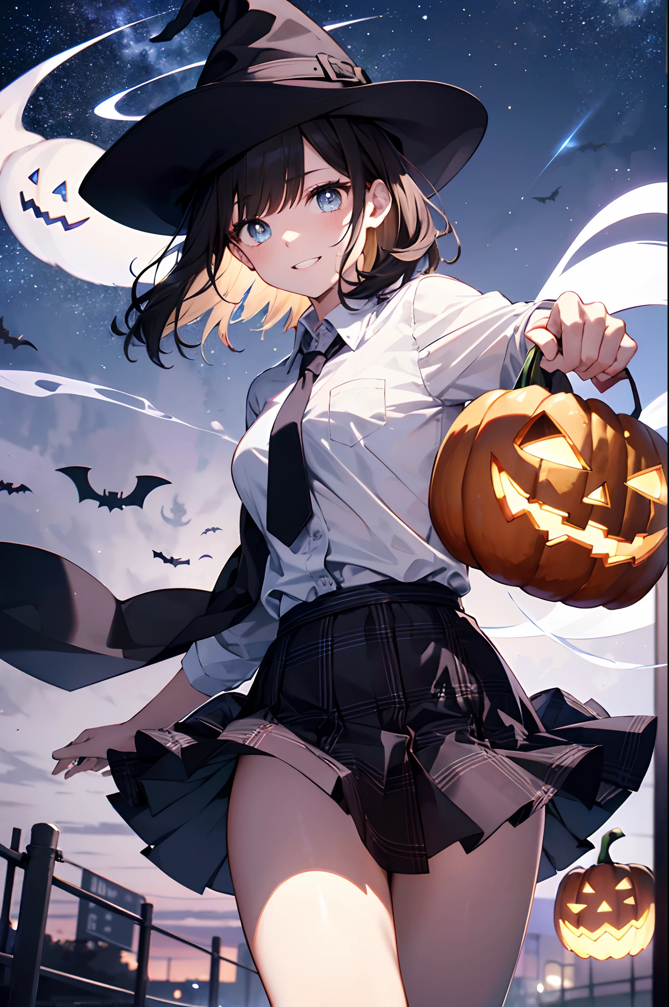 (top-quality、in 8K、32K、​masterpiece、nffsw、超A high resolution、Impresionismo、Photorealsitic:1.2)、cowboy  shot、foco nítido、detailed faces and eyes、(Tokyo at night、Halloween Decorations、The ghost is flying、Ghost pumpkin、Very colorful、Vivid Color:1.2)、(Very colorful night sky、Colorful ghosts flying in the sky)、Sharp pupils、Realistic pupils、beauitful face、blurry backround、18 year old beautiful girl、shinny skin、Bery short hair、Beautiful dark brown hair、Blunt bangs、Dark blue eyes、Wizard Hat、cloaks、Shirt、Halloween tie、Plaid miniskirt、Black socks、(Holding a skirt in your right hand、Lifting skirt:1.3)、(Raising left arm)、(Happy expression on face:1.2)、dynamicposes