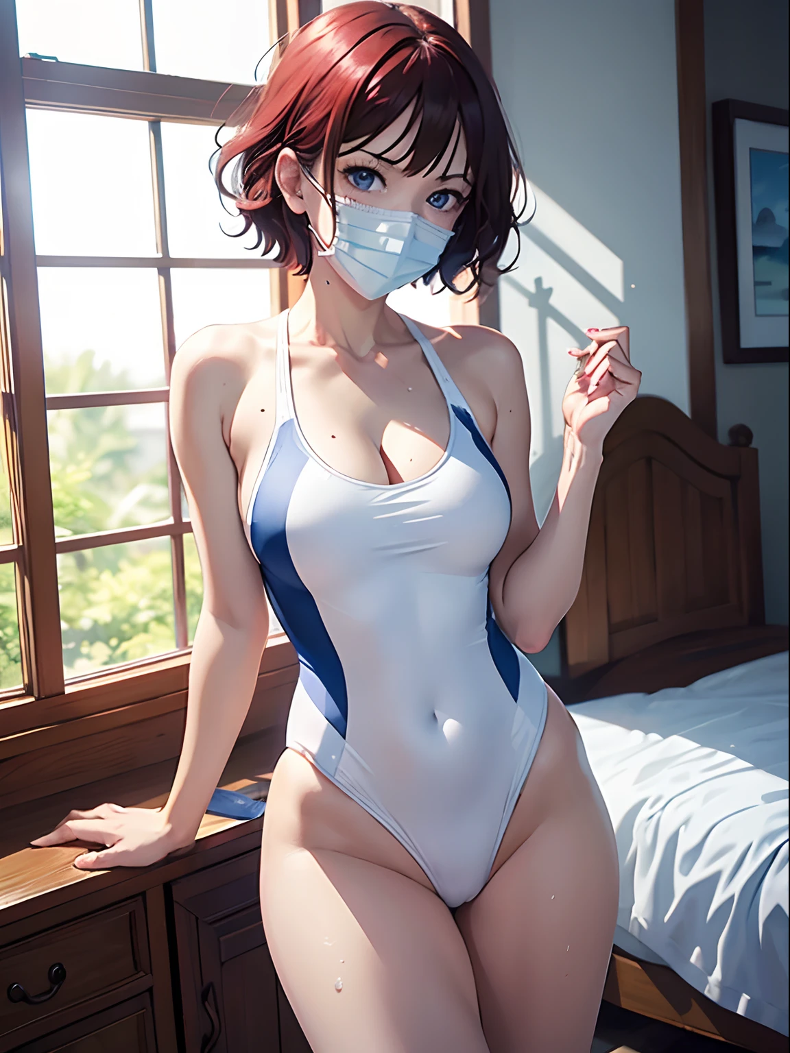 masutepiece, Best Quality, Highly detailed, hight resolution,Karen Stadtfeld,Blue eyes, Hair intake, Large breasts, Red hair, Short hair,spiked hair+,MKSKS style,(onepiece swimsuit:white:1.5)+ white_Swimsuit+,{{{livestream, Live stream screen view, Smile, }}}, Play button, Seeking, 1girl in, pajamas, White Mouth Mask, cleavage, {{{Text}}}, Comments by Bilibili, Sexy Pose,Sexy