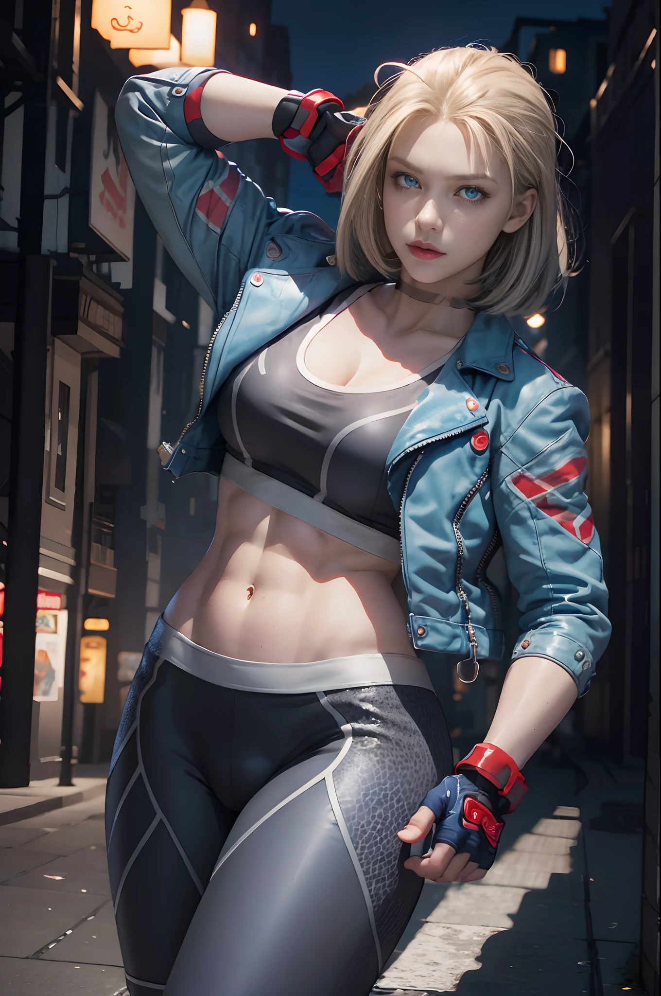 ((Best Quality, 8K, Masterpiece: 1.3)), Detailed Eyes, Double Eyelids, (1girl), (Left Face Scar), (28 years old, sexy maturity), (Vest line, thin waist, buttocks), (Blue jacket), ((Big blue eyes, long eyelashes)), ((Pout)), ((Firm nose)), (Realistic skin details), Detailed Face, Best Light, Best Shadow, Edge Lighting, Ray Tracing, Unreal Engine 5, (Cammy white from street fighter 6, game CG character modeling)), beautiful shiny hair, (((dark gray tights)))), muscular, collar, abs, (mid-chest hard), (leg muscle lines), neon lights, bustling and lively streets, distant high-rise buildings, night, NVIDIA RTX, Super-Resolution, Unreal 5, Subsurface scattering, PBR Texturing, Post-processing,Anisotropic Filtering,Depth-of-field,Maximum clarity and sharpness,Multi-layered textures,Albedo and Specular maps,Surface shading,Accurate simulation of light-material interaction,Perfect proportions,Octane Render,Two-tone lighting,Wide aperture,Low ISO,White balance,Rule of thirds,8K RAW,
