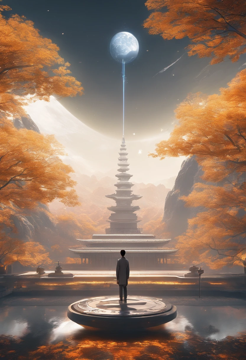 golden autumn，A high monk，Wearing a long gray monk's robe，Meditate in the temple lobby，Tall ginkgo tree outside the lobby，Golden leaves all over the ground，The incense burner outside the lobby smoked，k hd，8K,hentail realism，Faraway view，Flat viewing angle，Sony SLR，Lots of white space