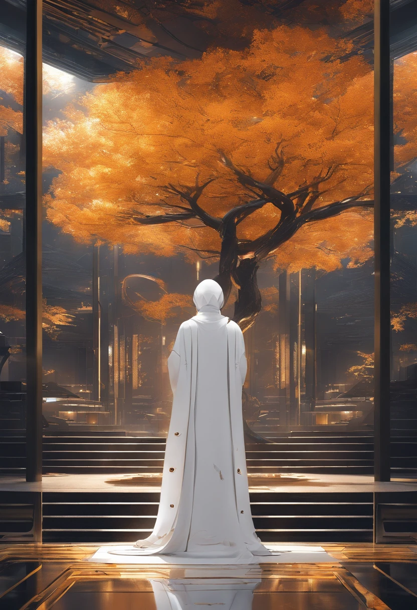 golden autumn，A high monk，Wearing a long gray monk's robe，Meditate in the temple lobby，Tall ginkgo tree outside the lobby，Golden leaves all over the ground，The incense burner outside the lobby smoked，k hd，8K,hentail realism，Faraway view，Flat viewing angle，Sony SLR，Lots of white space