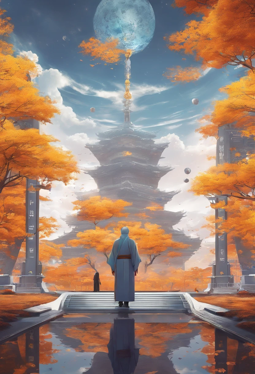 golden autumn,A high monk,Wearing a long gray monk's robe,Meditate in the temple lobby,Tall ginkgo tree outside the lobby,Golden leaves all over the ground,The incense burner outside the lobby smoked,k hd,8K,hentail realism,Faraway view,Flat viewing angle,Sony SLR,Lots of white space