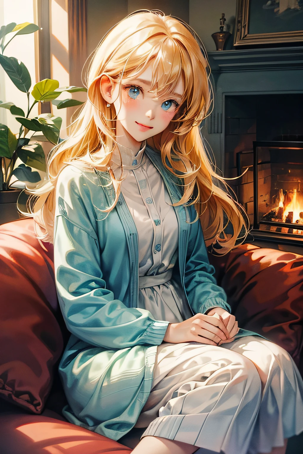 (High quality, 8K), watercolor paiting, Simple dress, beautiful anime artwork, Beautiful anime, Beautiful Anime Portrait, clean detailed anime art, soft anime illustration, anime art wallpaper 4k, anime art wallpaper 4k, Detailed Digital Anime Art, beautiful anime art style, beautiful anime style, detailed anime art,A detailed face,A detailed eye,(Soft light),Smile, (Warm), Warm Art, Winters, Cardigan, (fireplace), livingroom, plants
