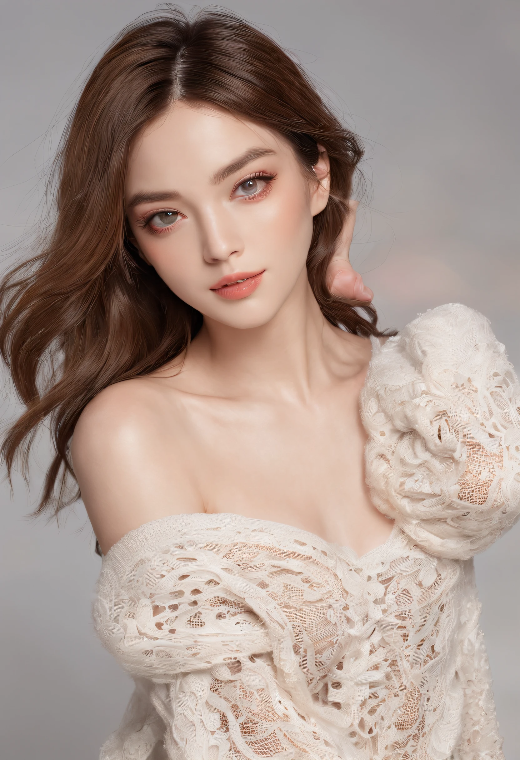 Best quality, illustration, Ultra-detailed, finedetail, A high resolution, 8K wallpaper, Perfect dynamic composition, Beautiful detailed eyes, Long-sleeved knit，Shoulder extension,bob hair, small boobs, Natural color lips, Random and sexy pose,Smile,20 years girl,Riman,kawa,Emphasis on the chest