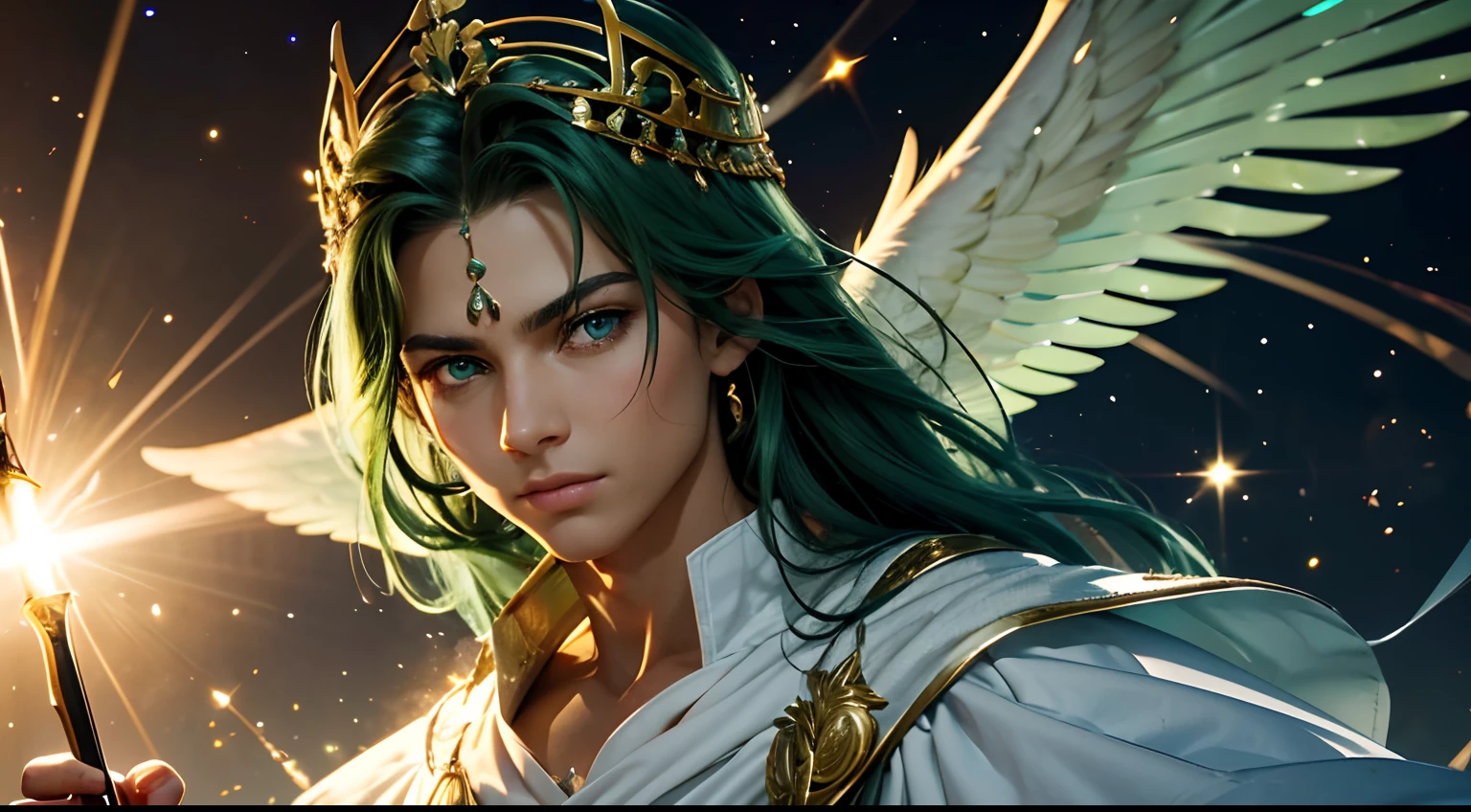 The appearance of Archangel Michael is a man varies between different religious and cultural traditions, and is usually based on artistic depictions and individual interpretations. No entanto, Some common features often associated with its appearance include: Michael is a man often depicted wearing heavenly robes, como uma armadura brilhante, simbolizando sua natureza guerreira e divina. Many depictions of Archangel Michael include wings, indicating your angelic nature and ability to move between heaven and earth. He is often depicted holding a sword, symbolizing his role as a divine protector and warrior who fights evil. Sometimes, He is depicted wearing a crown or a radiant aura, symbolizing your high position in the celestial kingdom. Miguel is a man often depicted with a serene and determined face, expressing their strength and confidence in the battle against the forces of evil. In some depictions, Miguel is shown as a young and radiant being, refletindo sua pureza e santidade.Archangel Michael's appearance is a man WITH LONG WHITE HAIR AND RADIANT GREEN EYES