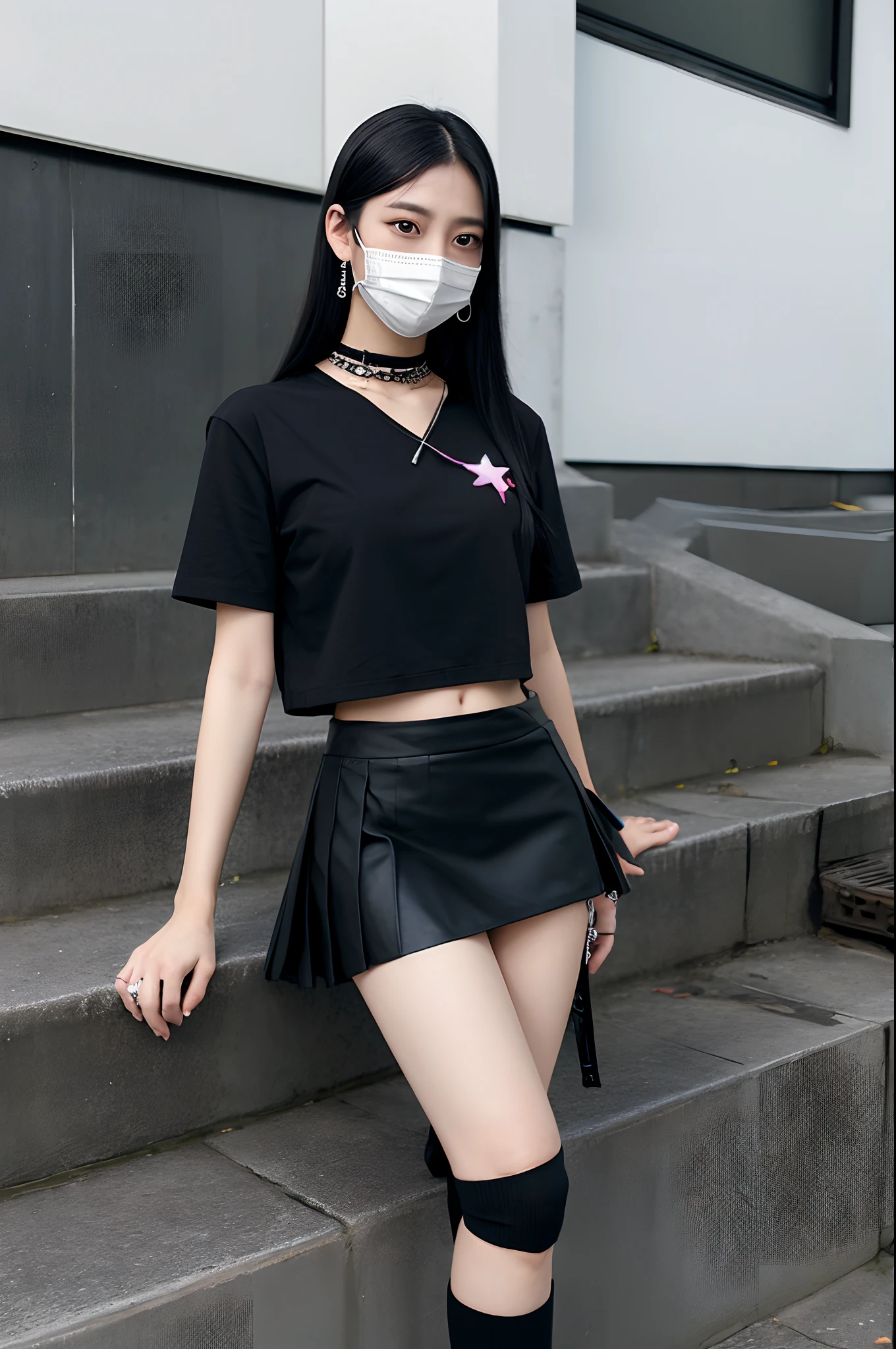 A dark-haired, skirt by the, 独奏, Twin-tailed, V, Black mask, Black footwear, masks, sox, The shirt, Black skirt, thigh strap, The long-haired, full bodyesbian, Black shirt, is standing, see the beholder, Black Socks, boots, bangss, jewely, pleatedskirt, piercings, ear piercings, criss-cross, Black eye, shortsleeves, 耳Nipple Ring