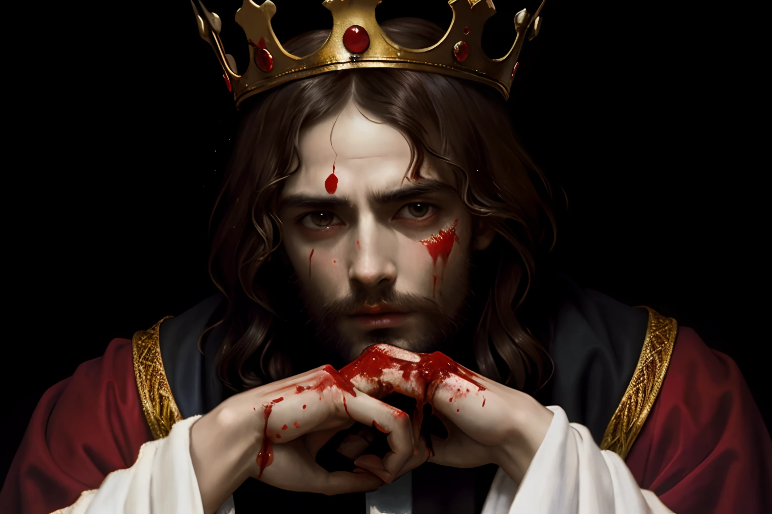 Jesus of Nazareth shows the viewer his wounds, art by Anthony van Dyck, solo, covered in blood, bleeding heavily from scalp onto forehead, blood on hands, crown of thorns, stigmata on hands, black background