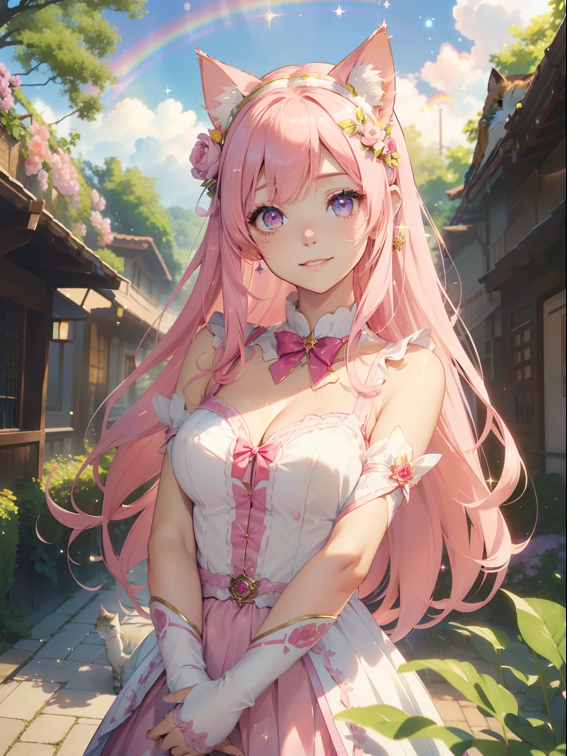 masutepiece, High resolution, 8K, anime woman, Delicate and detailed writing 、Detailed digital illustration、Very long hair and shiny、Bangs、a very beautiful woman、Eyes are double, Large, Bust is D cup、High image quality, High quality、Detailed background、(((Wearing idol clothes)))、((Colorful flower garden、Very beautiful background of clouds and rainbow in the sky))、(The inside of the eye shines like a diamond、Light pink hair、Gradient pupil、(((2 arms、4 fingers, 1 thumb)))、Detailed female face、Very beautiful and cute woman、、细致背景、​masterpiece、Soft Focus , Bright gradient watercolor , Lens Flare , (((Glitter))) , Glow , Dreamy ,Idol、Pink ribbon、Very beautiful red rose hair accessories、Pink and gold outfit、White is the main costume、((Full smile))、((Macro for the eyes))、(((Cat's ears、Cat costume)))、((Cross your arms behind your back)))、((Holding a cat))