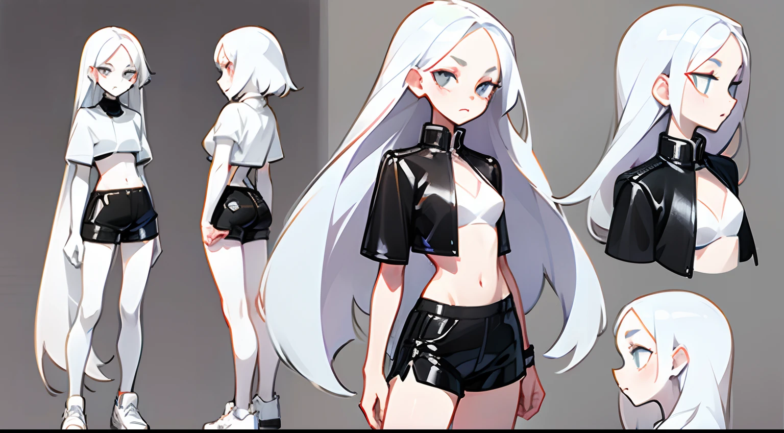 Girl with long thin white hair, White Skin Skin, Slim, beatiful face, little chest, wearing leather black shorts and a white bra, white sneakers, Full-length, Character Sheet, Three Front, Back, Side Views