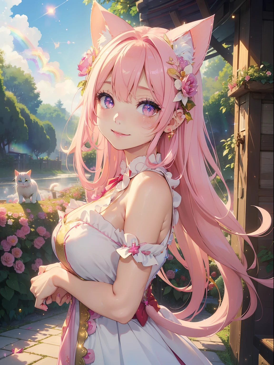 masutepiece, High resolution, 8K, anime woman, Delicate and detailed writing 、Detailed digital illustration、Very long hair and shiny、Bangs、a very beautiful woman、Eyes are double, Large, Bust is D cup、High image quality, High quality、Detailed background、(((Wearing idol clothes)))、((Colorful flower garden、Very beautiful background of clouds and rainbow in the sky))、(The inside of the eye shines like a diamond、Light pink hair、Gradient pupil、(((2 arms、4 fingers, 1 thumb)))、Detailed female face、Very beautiful and cute woman、、细致背景、masterpiece、Soft Focus , Bright gradient watercolor , Lens Flare , (((Glitter))) , Glow , Dreamy ,Idol、Pink ribbon、Very beautiful red rose hair accessories、Pink and gold outfit、White is the main costume、((Full smile))、((Macro for the eyes))、(((Cat's ears、Cat costume)))、((Cross your arms behind your back)))、((Holding a cat))