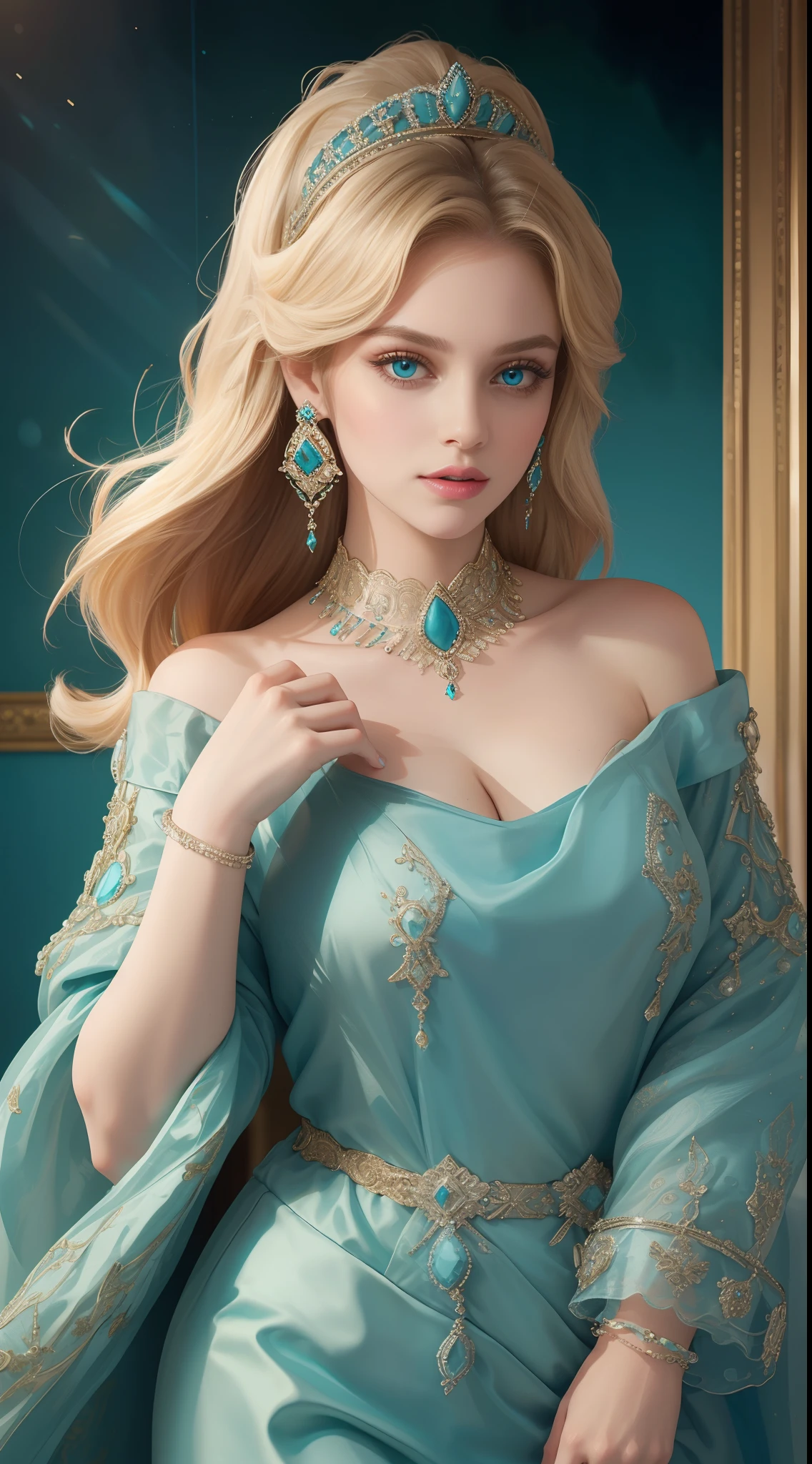 tmasterpiece,Highest image quality,Beautiful bust of royal women,Delicate blonde hairstyle,Turquoise eyes,Decorated with dazzling intricate jewelry,super detailing,upscaled。