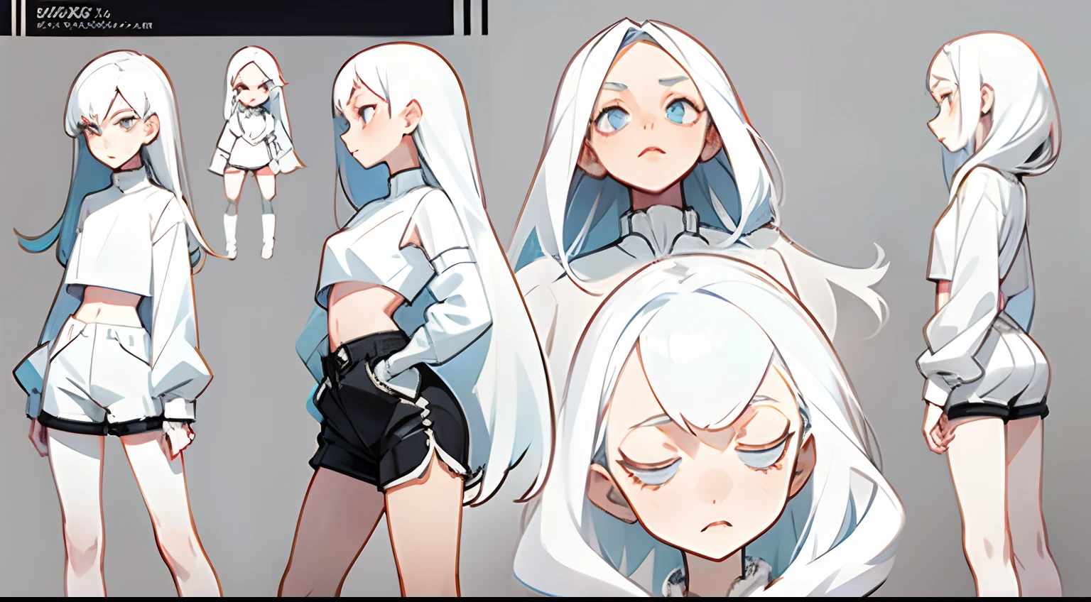 Girl with long thin white hair, White Skin Skin, Slim, beatiful face, little chest, wearing leather black shorts and a white bra, white sneakers, Full-length, Character Sheet, Three Front, Back, Side Views