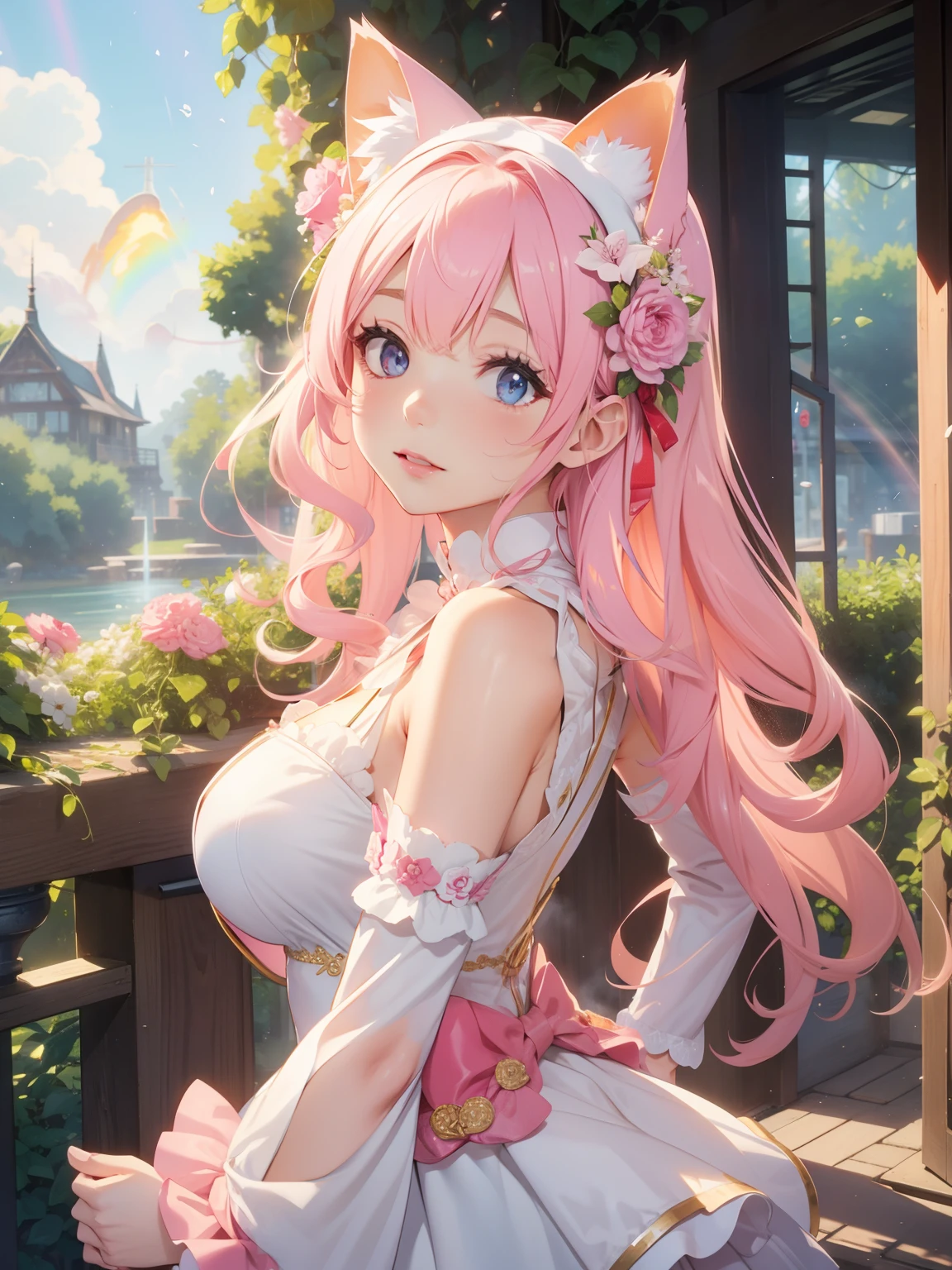 masutepiece, High resolution, 8K, anime woman, Delicate and detailed writing 、Detailed digital illustration、Very long hair and shiny、Bangs、a very beautiful woman、Eyes are double, Large, Bust is D cup、High image quality, High quality、Detailed background、(((Wearing idol clothes)))、((Colorful flower garden、Very beautiful background of clouds and rainbow in the sky))、(The inside of the eye shines like a diamond、Light pink hair、Gradient pupil、(((2 arms、4 fingers, 1 thumb)))、Detailed female face、Very beautiful and cute woman、、细致背景、masterpiece、Soft Focus , Bright gradient watercolor , Lens Flare , (((Glitter))) , Glow , Dreamy ,Idol、Pink ribbon、Very beautiful red rose hair accessories、Pink and gold outfit、White is the main costume、((Full smile))、((Macro for the eyes))、(((Cat's ears、Cat costume)))、((Cross your arms behind your back)))、((Holding a cat)),long-sleeve
