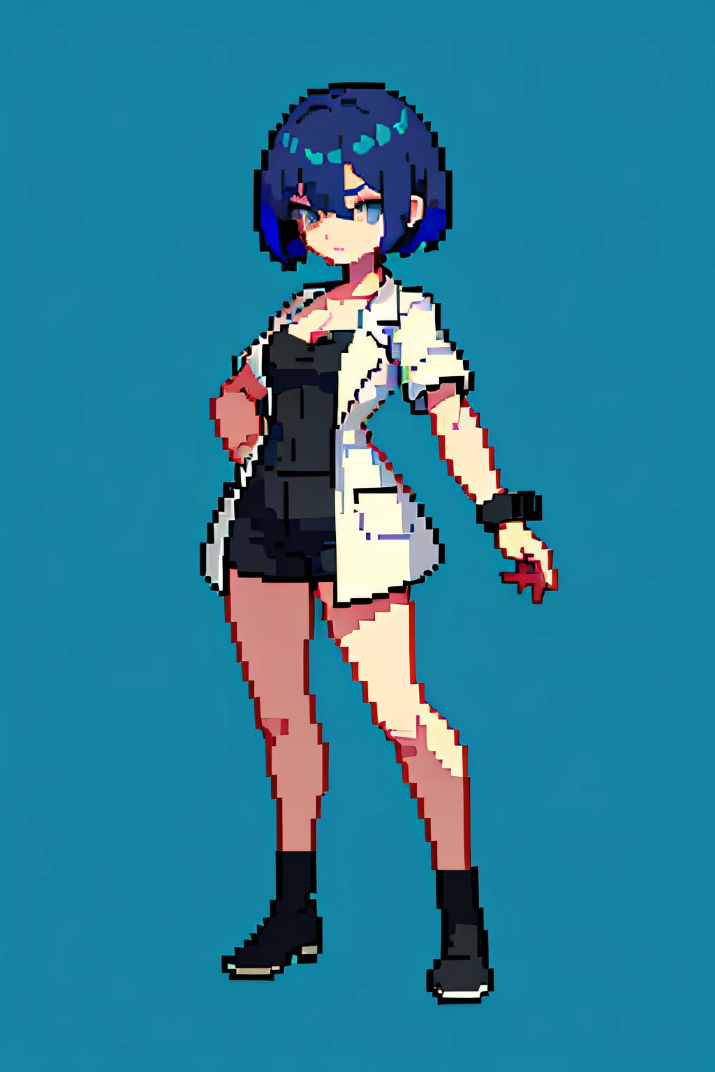 (masterpiece, top quality, best quality, less detail, 8-bit color), pixel,pixel art,1 short girl,draw on aseprite software,full body, long lab coat, bra on top, short pant,combat pose, simple eyes color, limit eyes color