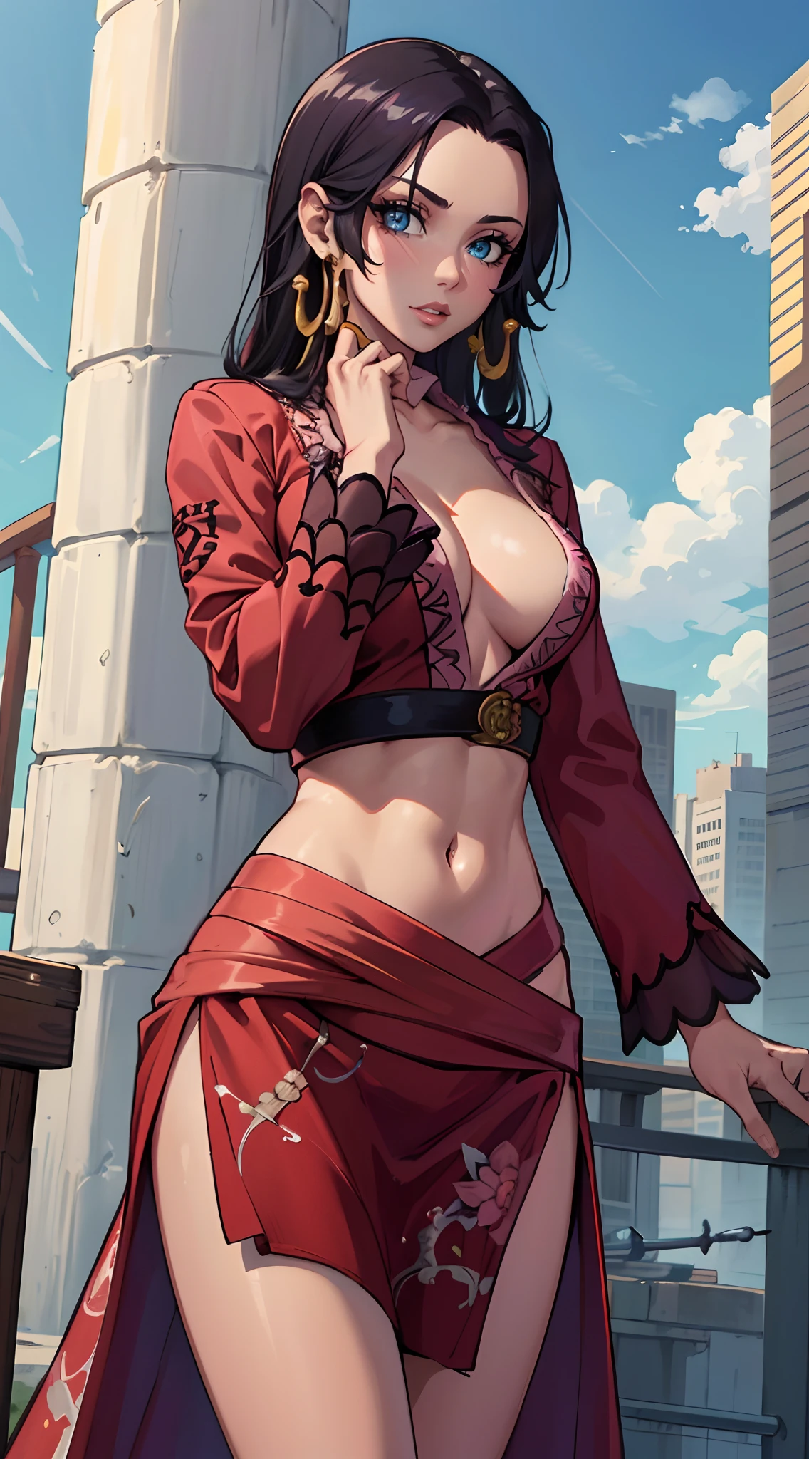 (master part, best quality: 1.2), cowboy shot, sozinho, 1girl, boa hancock, Olhando para o Viewer, jewelries, Brincos, diafragma, ((Police clothing)), ((corar)), blue skies