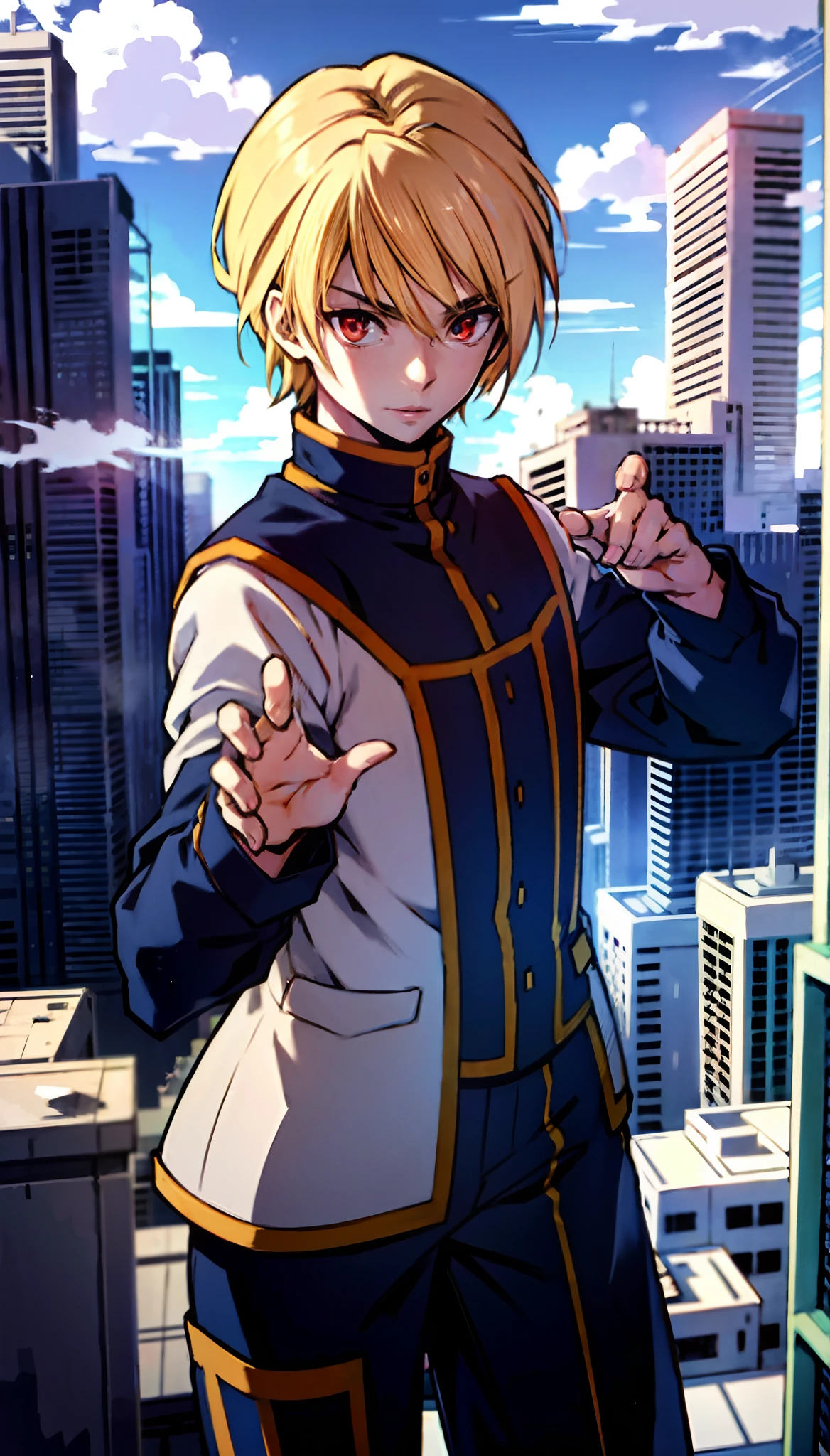 (cowboy shot), sfw, (masterpiece), (best quality:1.0), (ultra highres:1.0), detailed eyes
BREAK  
Kurapika, 1boy, male focus, red eyes, surprised, posing
BREAK
(skyscraper, rooftop, clouds, outdoors, gorgeous view)