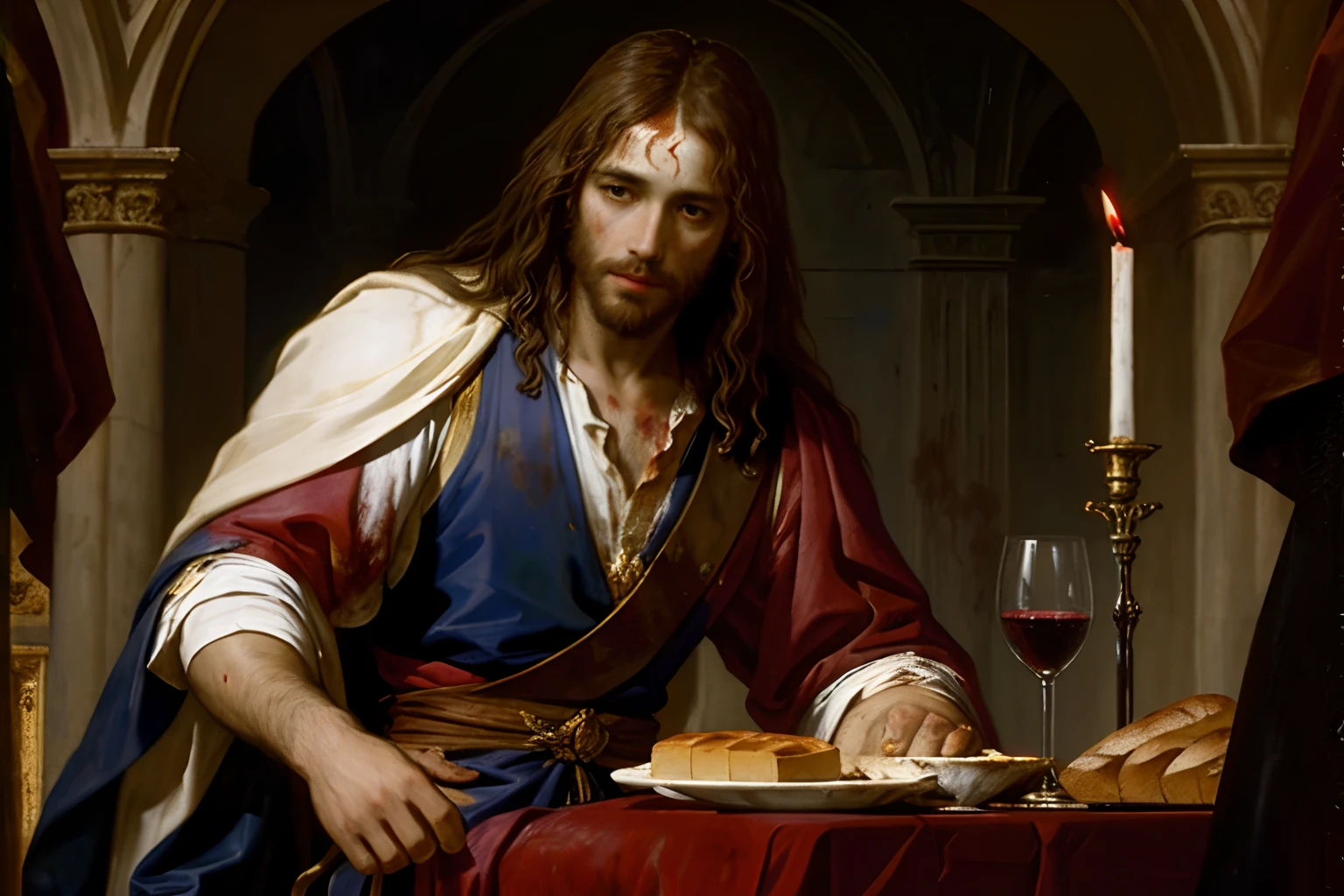 Jesus of Nazareth sitting at a table offering the viewer bread and wine, art by Anthony van Dyck, covered in blood, bleeding from scalp onto forehead, blood on hands
