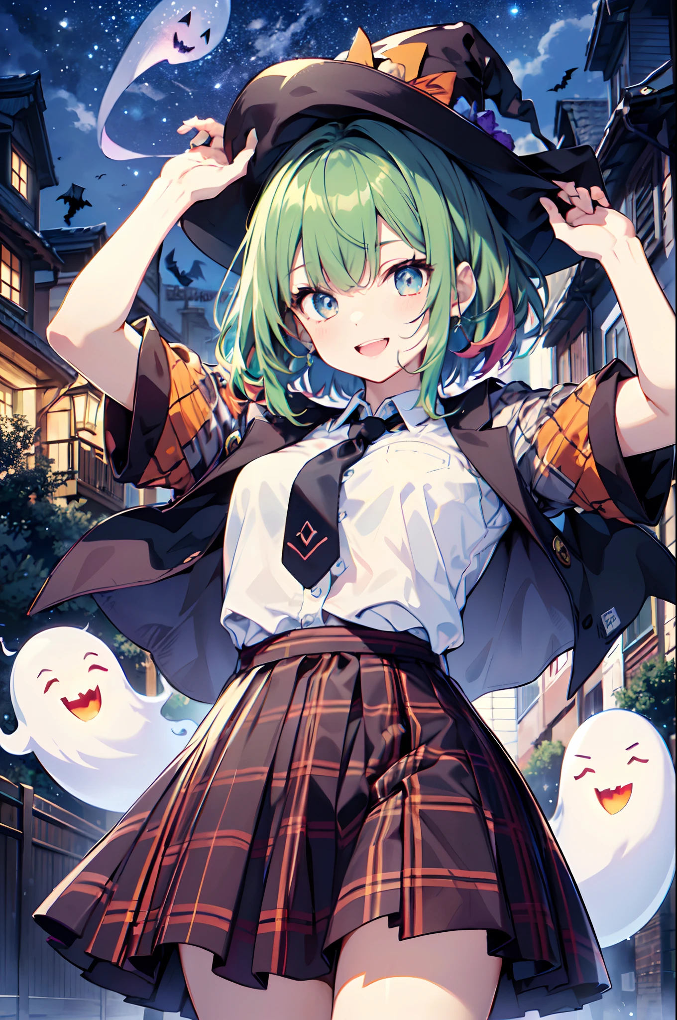 (top-quality、in 8K、32K、masterpiece、nffsw、超A high resolution、Impresionismo、Photorealsitic:1.2)、cowboy shot、foco nítido、detailed faces and eyes、(Tokyo at night、Halloween Decorations、The ghost is flying、Ghost pumpkin、Very colorful、Vivid Color:1.2)、(Very colorful night sky、Colorful ghosts flying in the sky)、Sharp pupils、Realistic pupils、beauitful face、blurry backround、18 year old beautiful girl、shinny skin、Bery short hair、Beautiful dark brown hair、Blunt bangs、Dark blue eyes、Wizard Hat、cloaks、Shirt、Halloween tie、Plaid miniskirt、Black socks、(Holding a skirt in your right hand、Lifting skirt:1.3)、(Raise your left arm)、(Happy expression on face:1.2)、dynamicposes