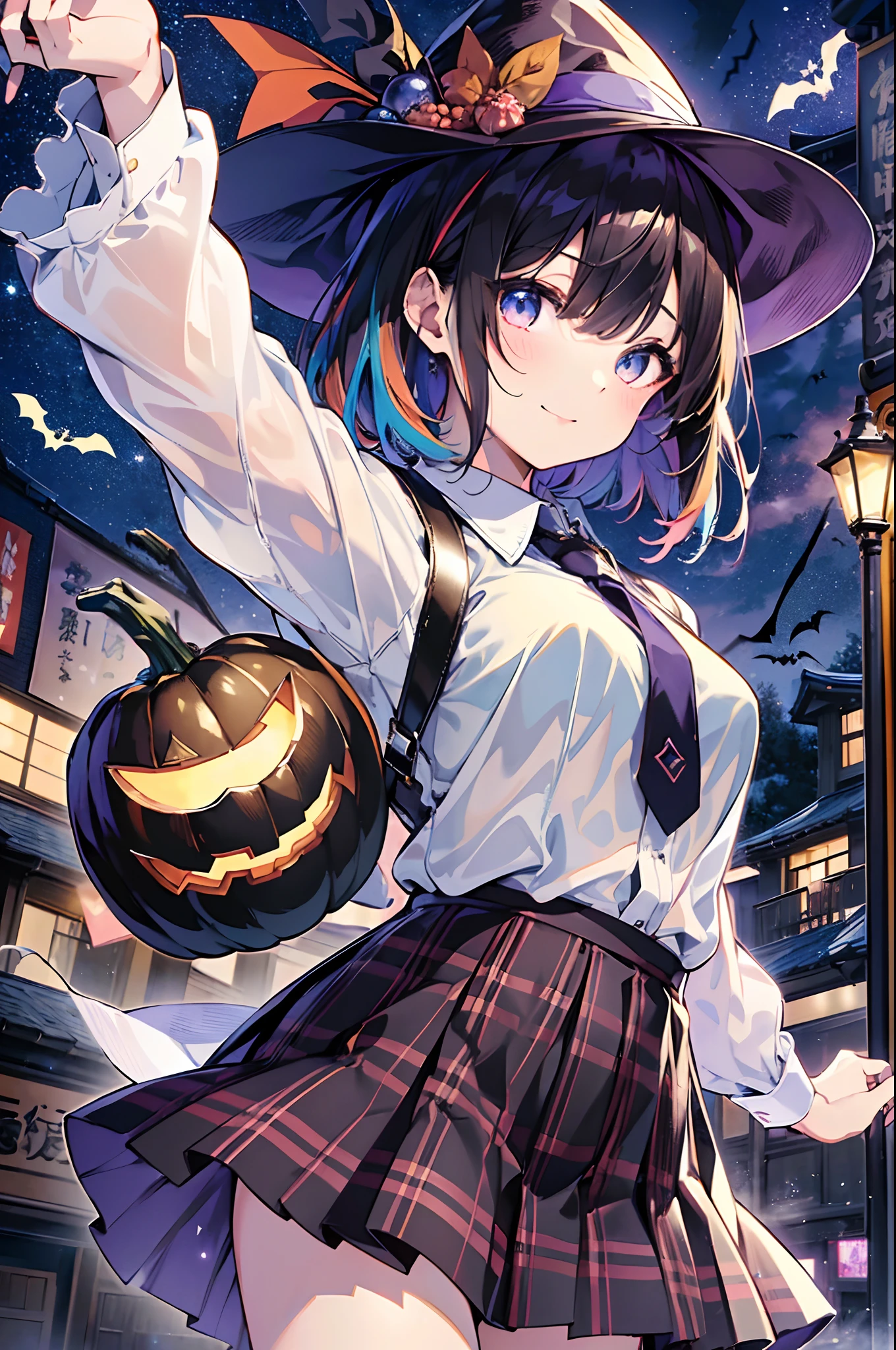 (top-quality、in 8K、32K、masterpiece、nffsw、超A high resolution、Impresionismo、Photorealsitic:1.2)、cowboy shot、foco nítido、detailed faces and eyes、(Tokyo at night、Halloween Decorations、The ghost is flying、Ghost pumpkin、Very colorful、Vivid Color:1.2)、(Very colorful night sky、Colorful ghosts flying in the sky)、Sharp pupils、Realistic pupils、beauitful face、blurry backround、18 year old beautiful girl、shinny skin、Bery short hair、Beautiful dark brown hair、Blunt bangs、Dark blue eyes、Wizard Hat、cloaks、Shirt、Halloween tie、Plaid miniskirt、Black socks、(Holding a skirt in your right hand、Lifting skirt:1.3)、(Raise your left arm)、(Happy expression on face:1.2)、dynamicposes