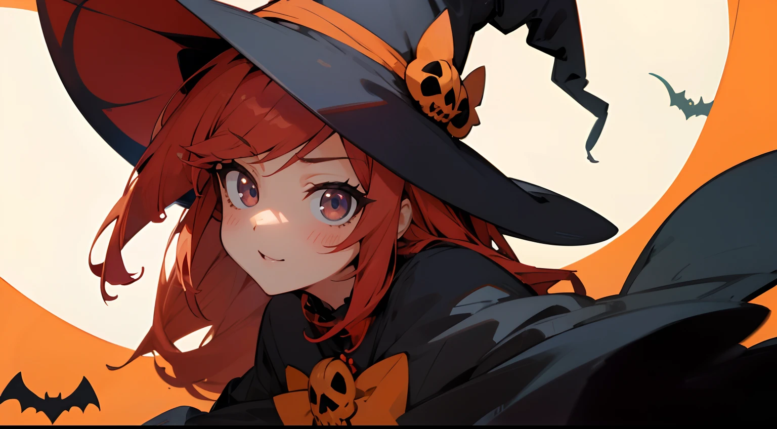 ((​masterpiece:1.4、top-quality)) 、(Close up of a woman in a witch costume、Smiling and looking at the camera、She wears a skull brooch and hair tie、red hairs、Black eyes、kawaii、) 、Splash Art Anime Style, 🍂 Cute, halloween art style, flirty anime witch casting magic, ❤🔥🍄🌪, halloween celebration, Witch Girl, trick or treat, bright witch, kawaii、Halloween Style,Background is a haunted house with pumpkins and moonlit nights、Bats are flying、