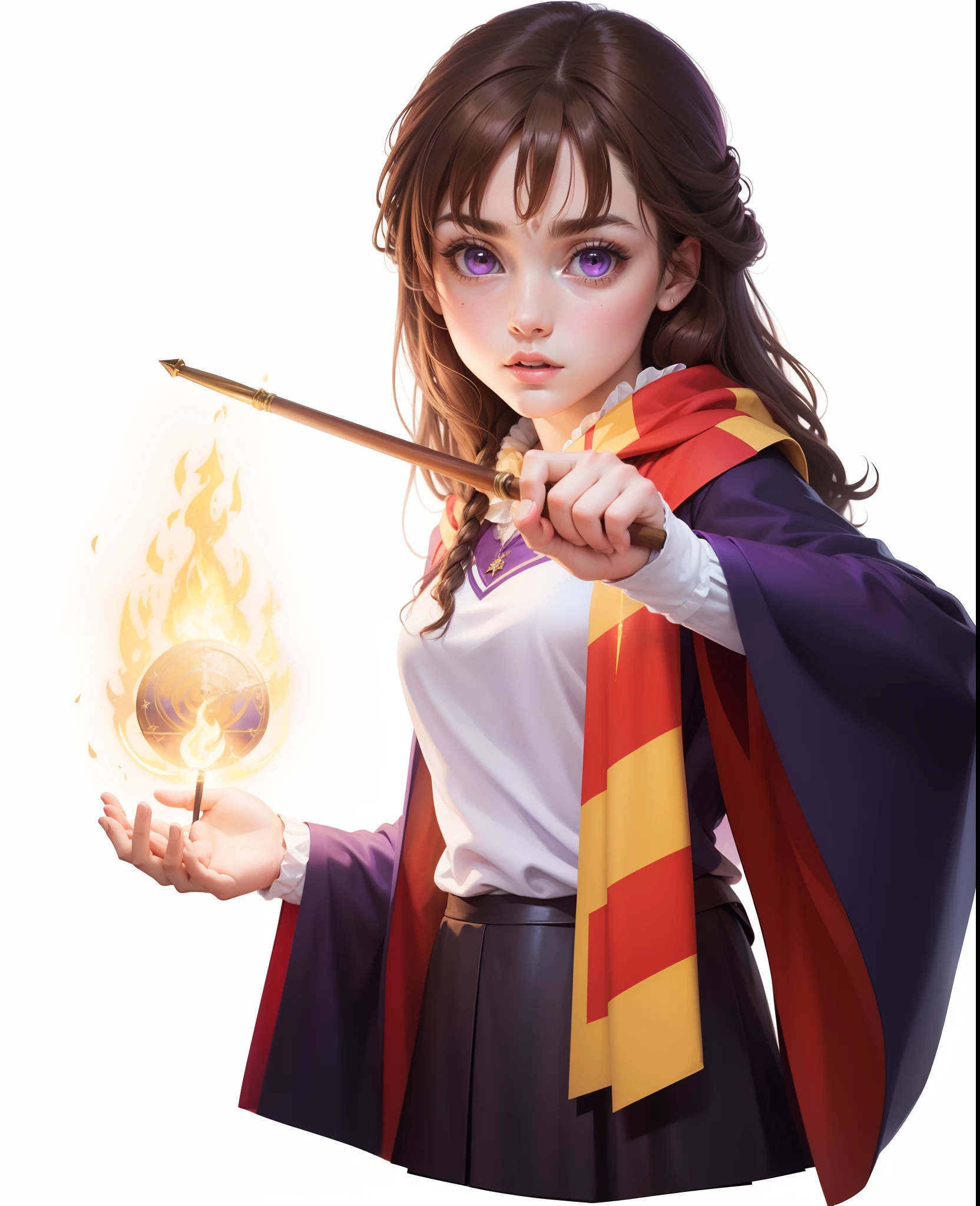 Masterpiece, brown  hair，Purple skirt，big beatiful eyes，Cartoony, wands, casting a fire spell, a young female wizard, holding wands, holy fire spell art, holding a wand, inspired by Hermione Hammond, Gryffindor, holding the elder wand, Wearing Hogwarts robes