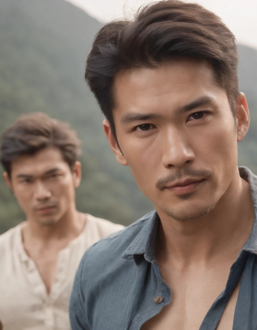 Cinematic portrait, ((Upper body)), Facing the audience, (reality :1.3), most beautiful artwork photo in the world, two Asian man looks at the camera,42 year old, daddy body, shirtless tan sweat skin, hairy chest,Vintage denim outfits, Western cowboy, Detailed beautiful face, action shot, (Intricate :1.4), Western background, photograph realistic, In the daytime, CG, art stand