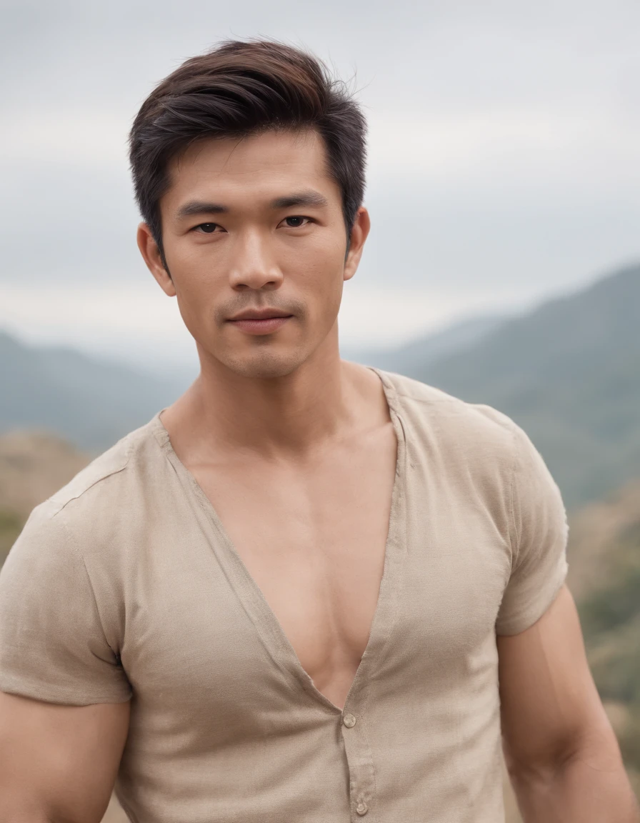 Cinematic portrait, ((Upper body)), Facing the audience, (reality :1.3), most beautiful artwork photo in the world, two Asian man looks at the camera,42 year old, daddy body, shirtless tan sweat skin, hairy chest,Vintage denim outfits, Western cowboy, Detailed beautiful face, action shot, (Intricate :1.4), Western background, photograph realistic, In the daytime, CG, art stand