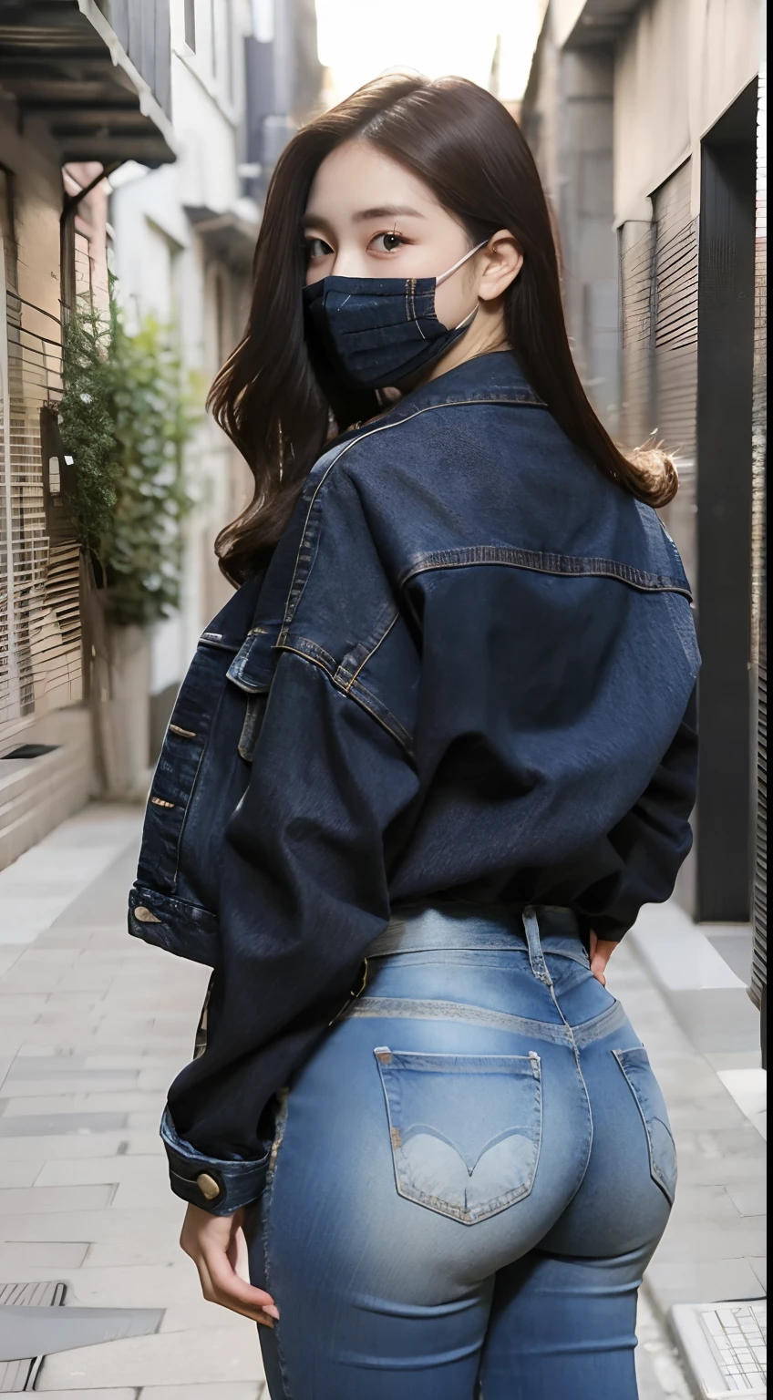 wear tight jeans，Tall guy，Denim jacket，Plump buttocks，Full breasts，Realistic faces，largeeyes，detail-rich，mano，skin textures, Whiten skin，cabelos preto e longos，The back is charming，Wearing a black mask，In the alley