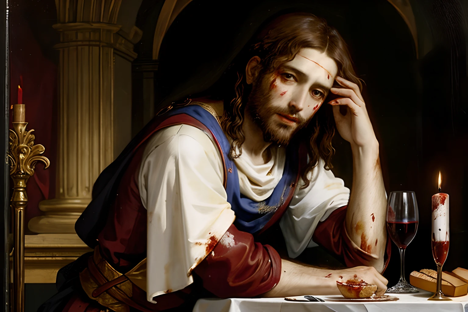 Jesus of Nazareth sitting at a table offering the viewer bread and wine, art by Anthony van Dyck, covered in blood, bleeding from scalp onto forehead, blood on hands